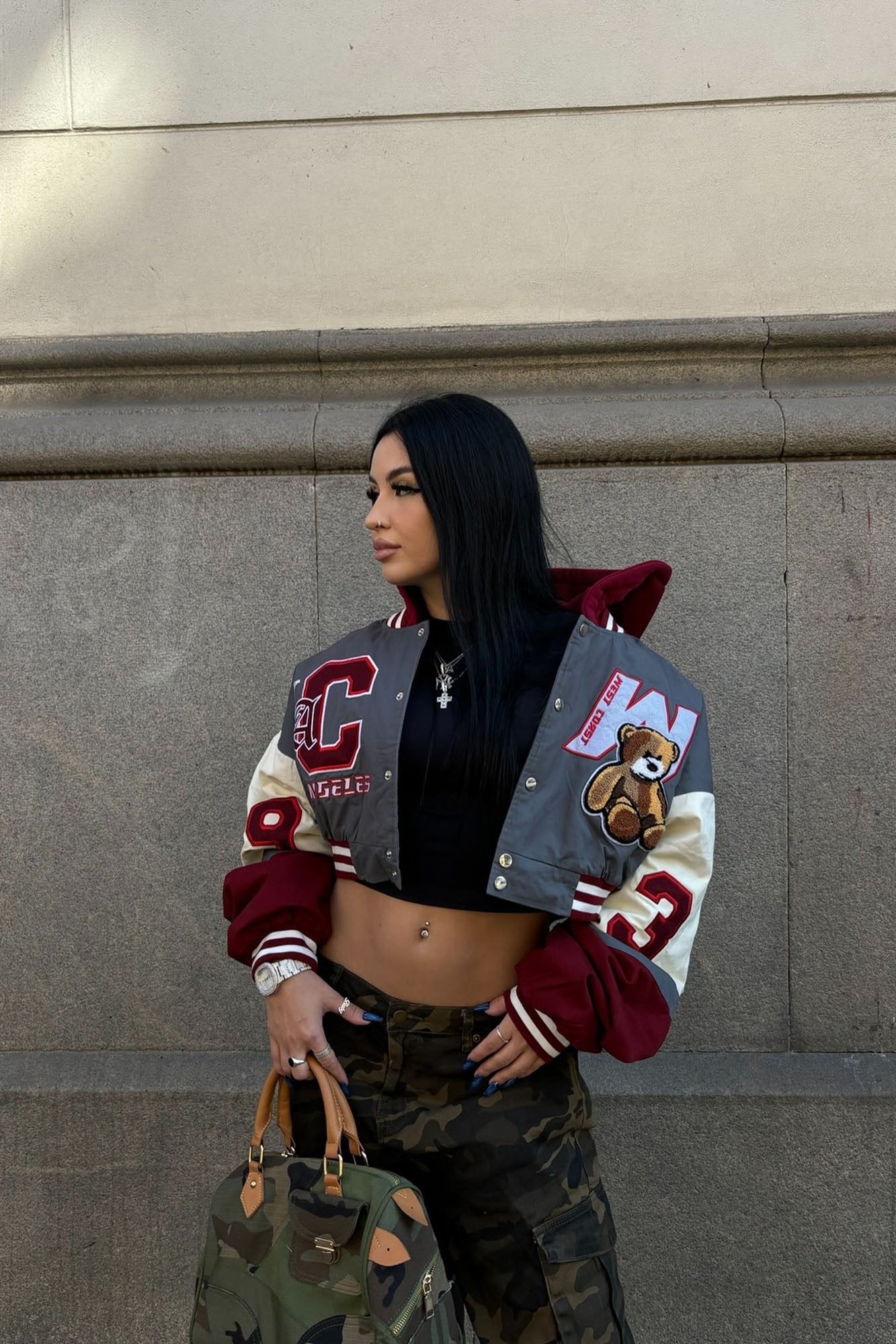 Cali Teddy Bomber Jacket - Grey/Combo image 4
