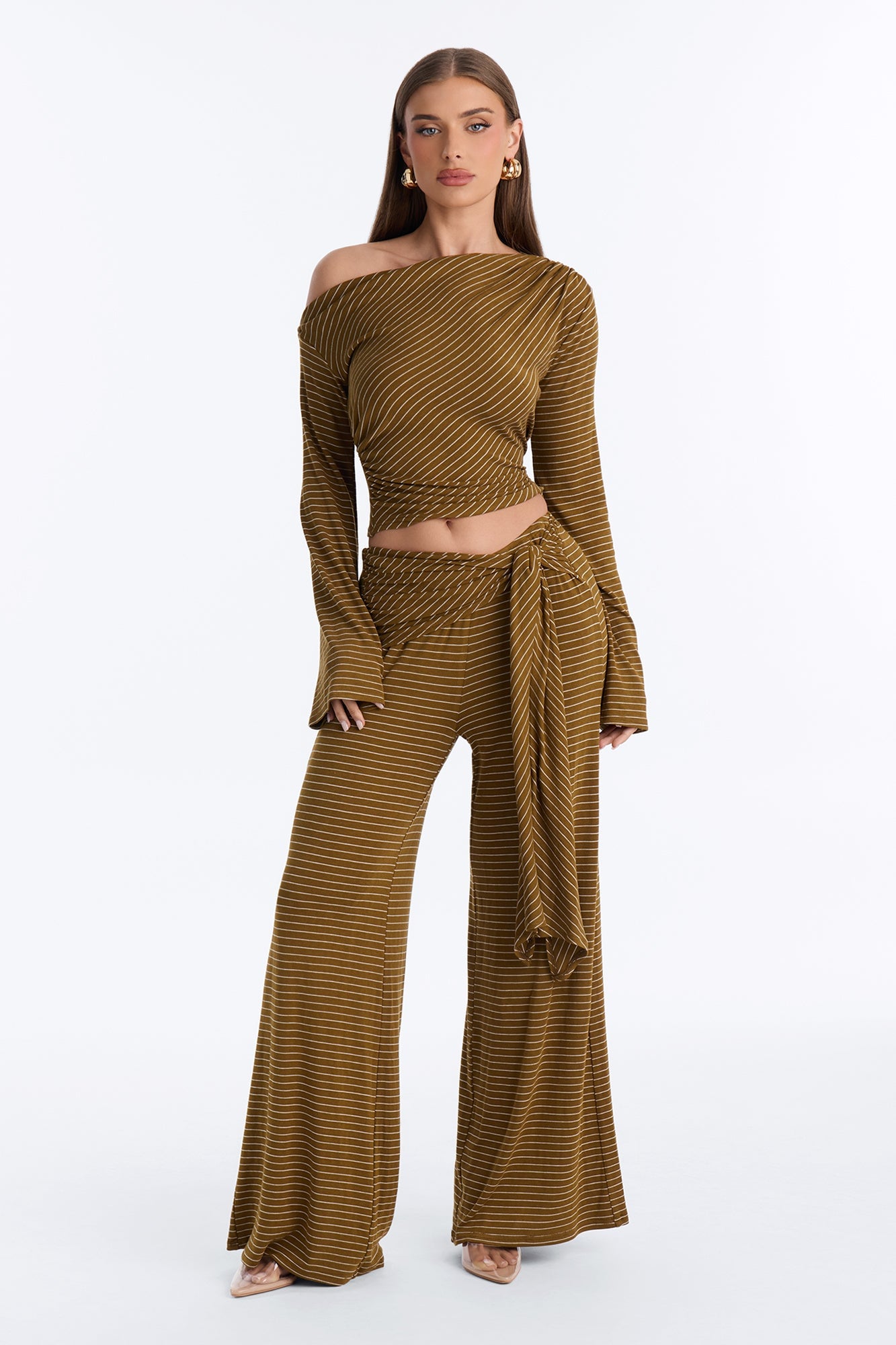 Layla Striped Off Shoulder Pant Set - Olive/combo image 2