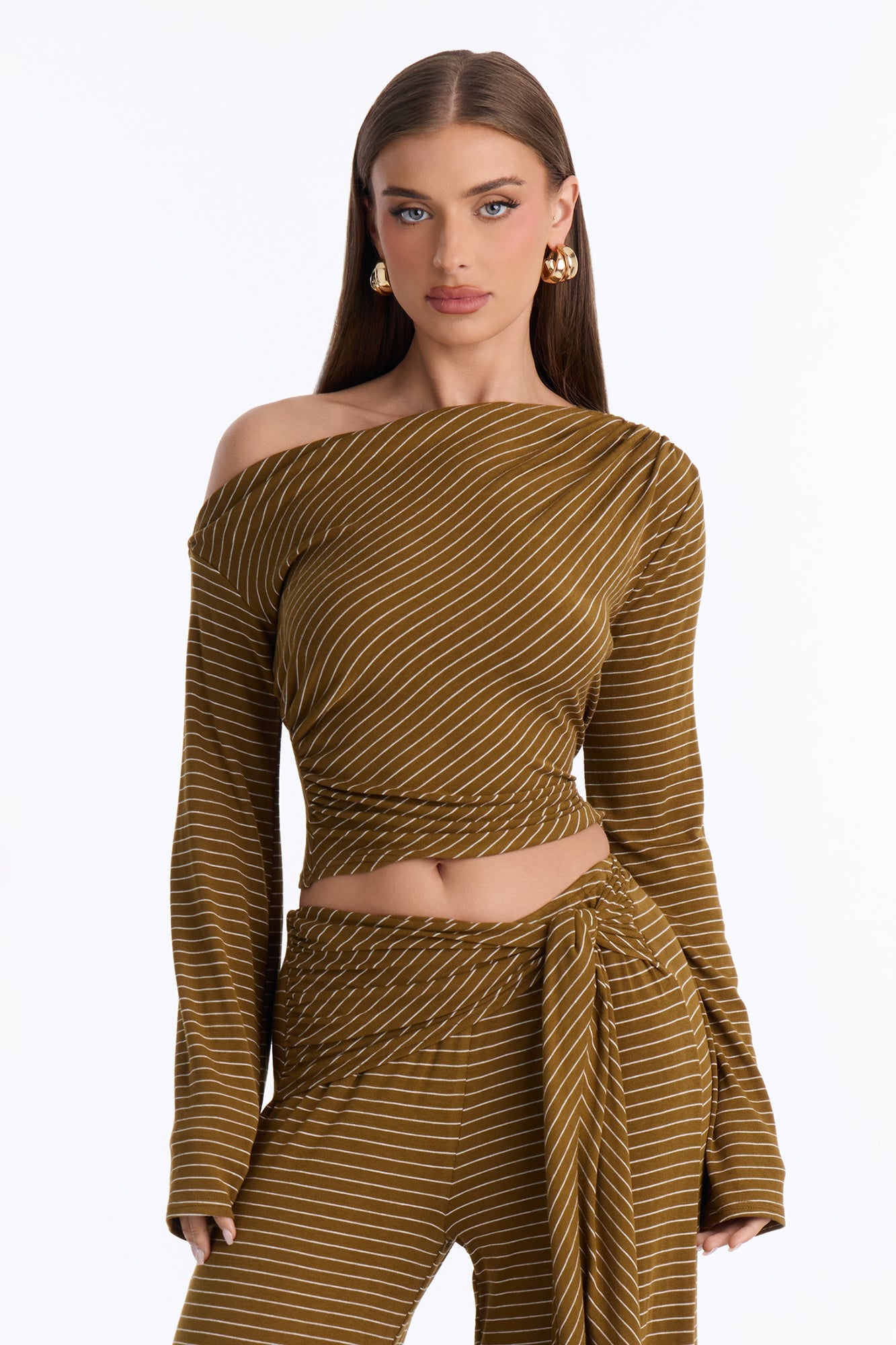 Layla Striped Off Shoulder Pant Set - Olive/combo image 3