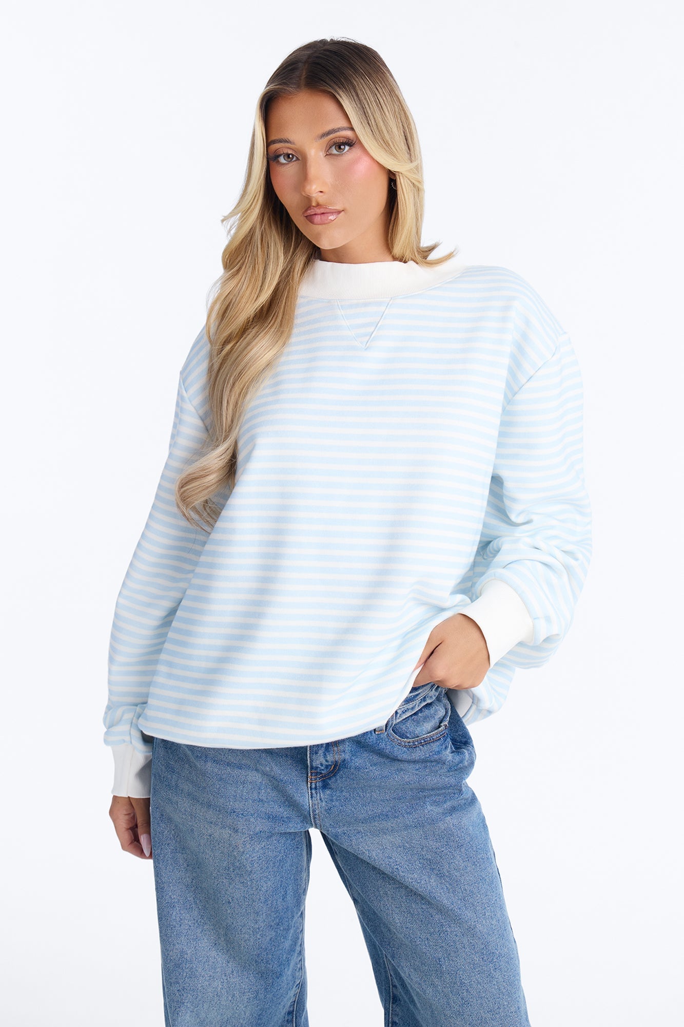 Molly Striped Fleece Mock Neck Hoodie - Light Blue image 5