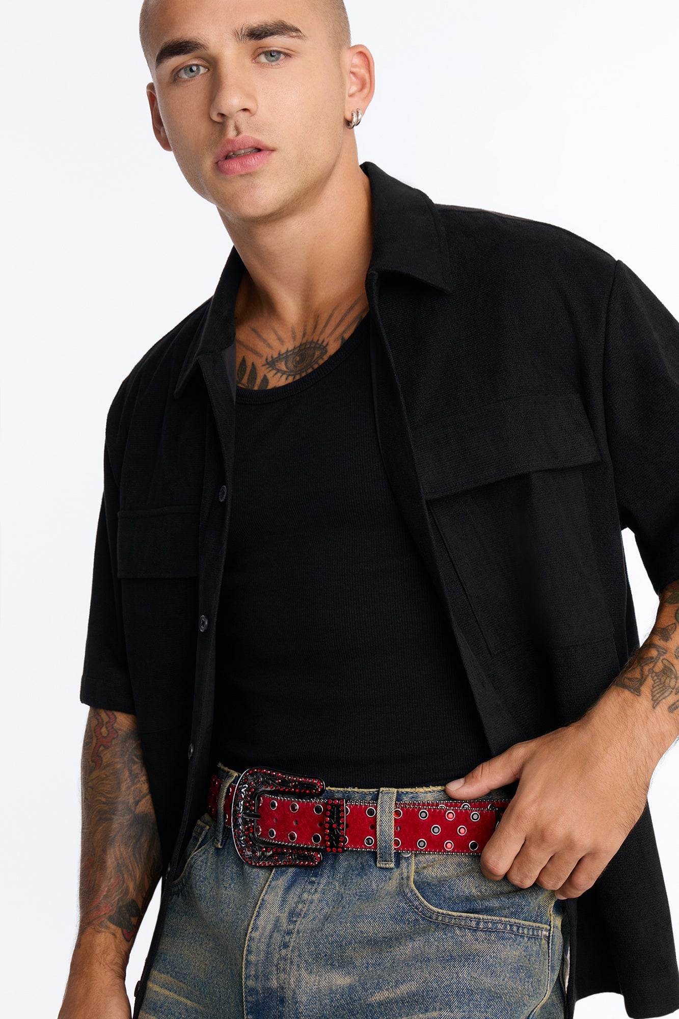 Rhinestone Embellished Faux Pony Hair Western Buckle Belt - Red alternate