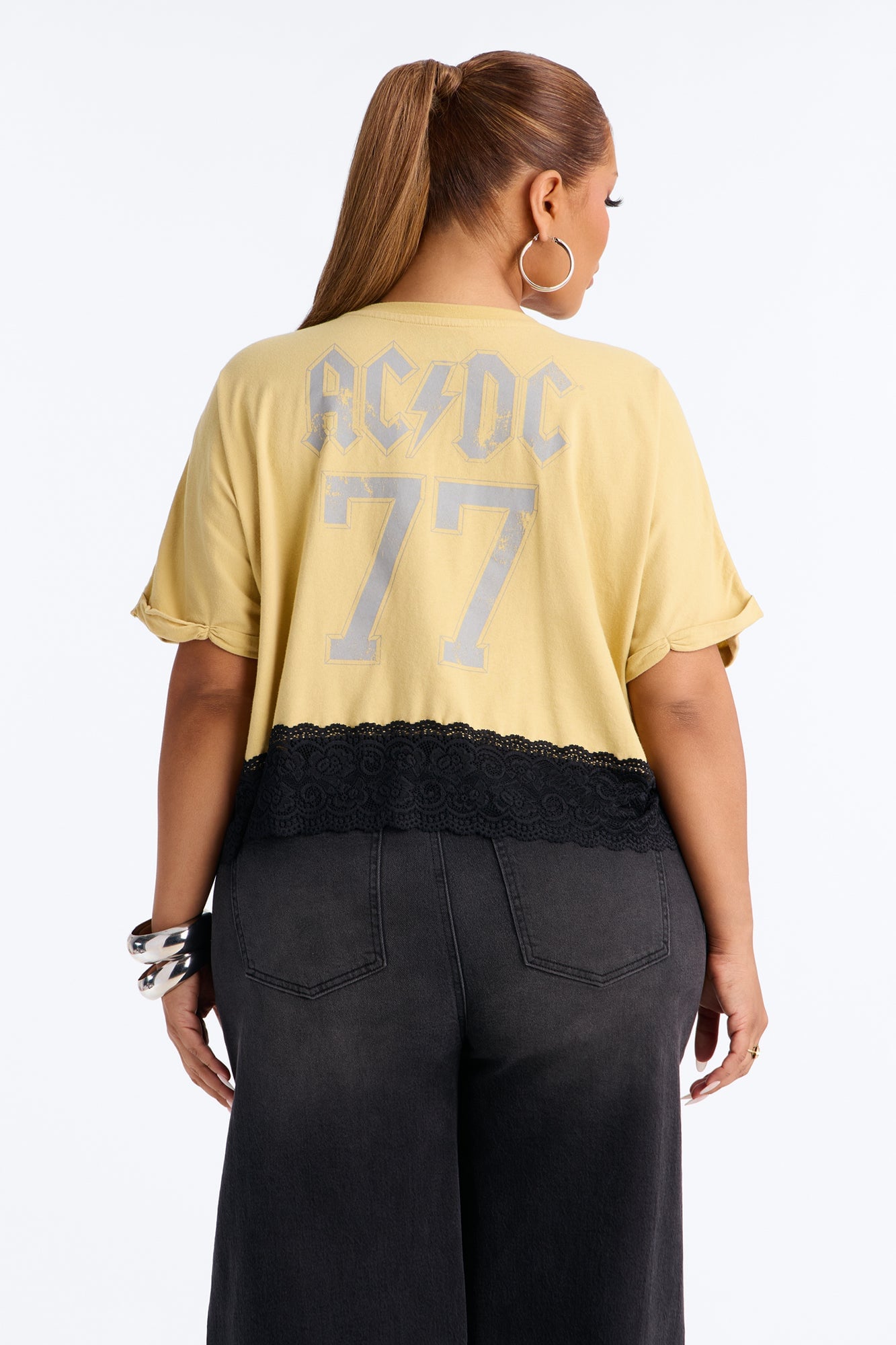Let There Be Rock ACDC Destructed Lace Crop Tee - Yellow image 3
