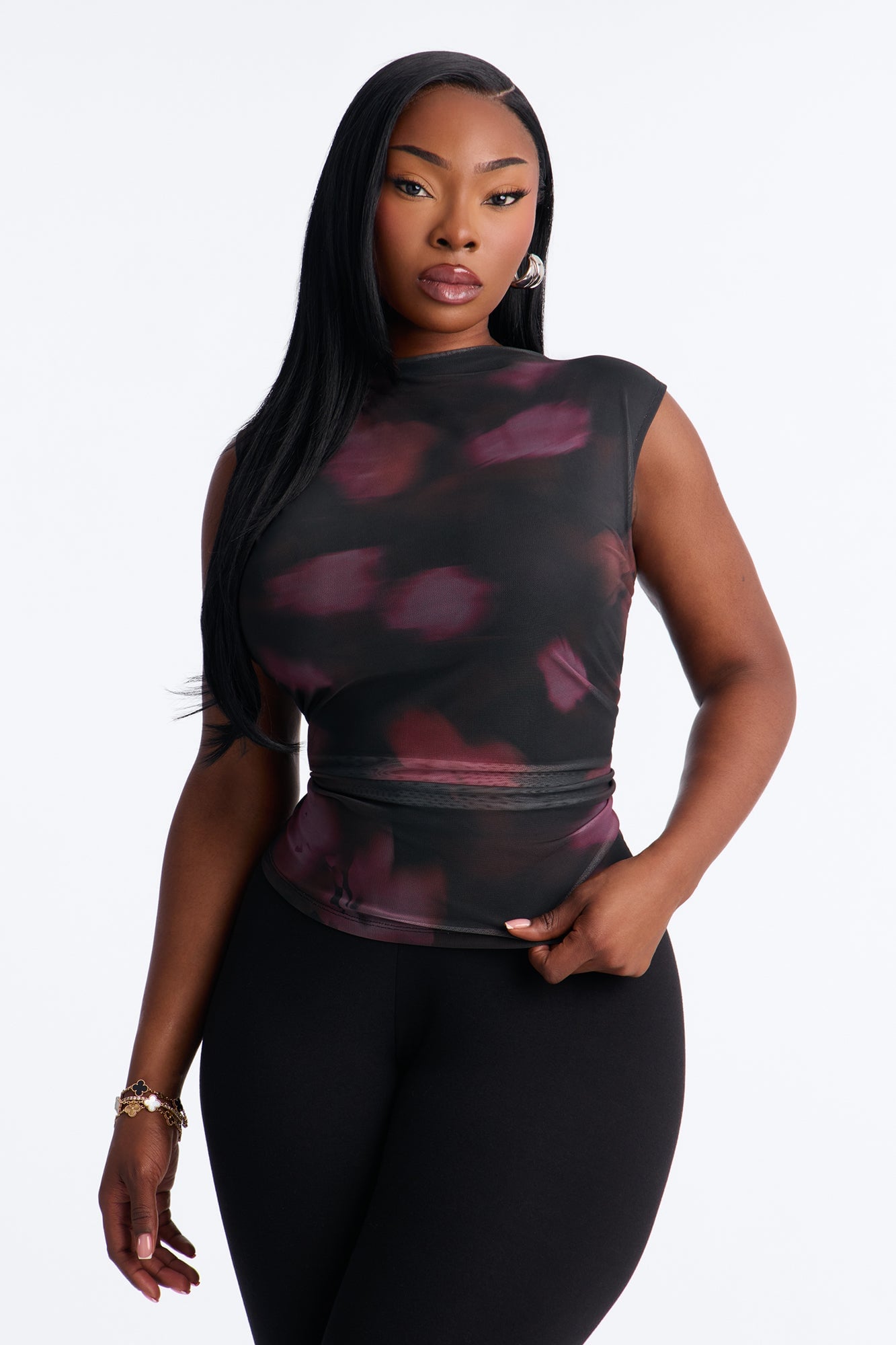 Holly Abstract Ruched Sleeveless Top - Black/combo image 1