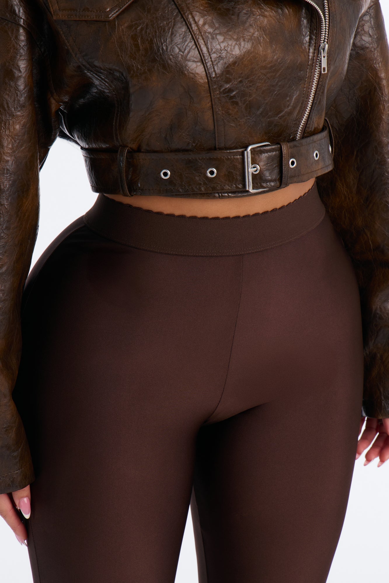 Kylie Scalloped Trim Tricot Leggings - Chocolate image 7