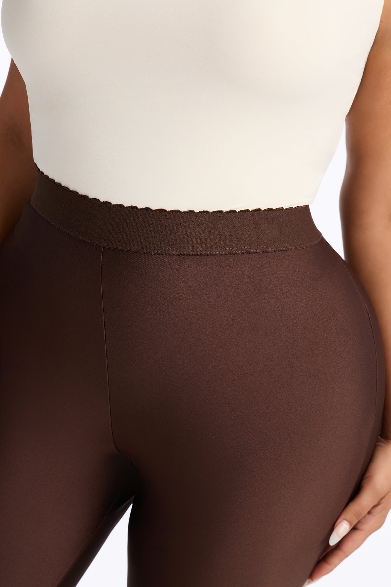 Kylie Scalloped Trim Tricot Leggings - Chocolate image 3