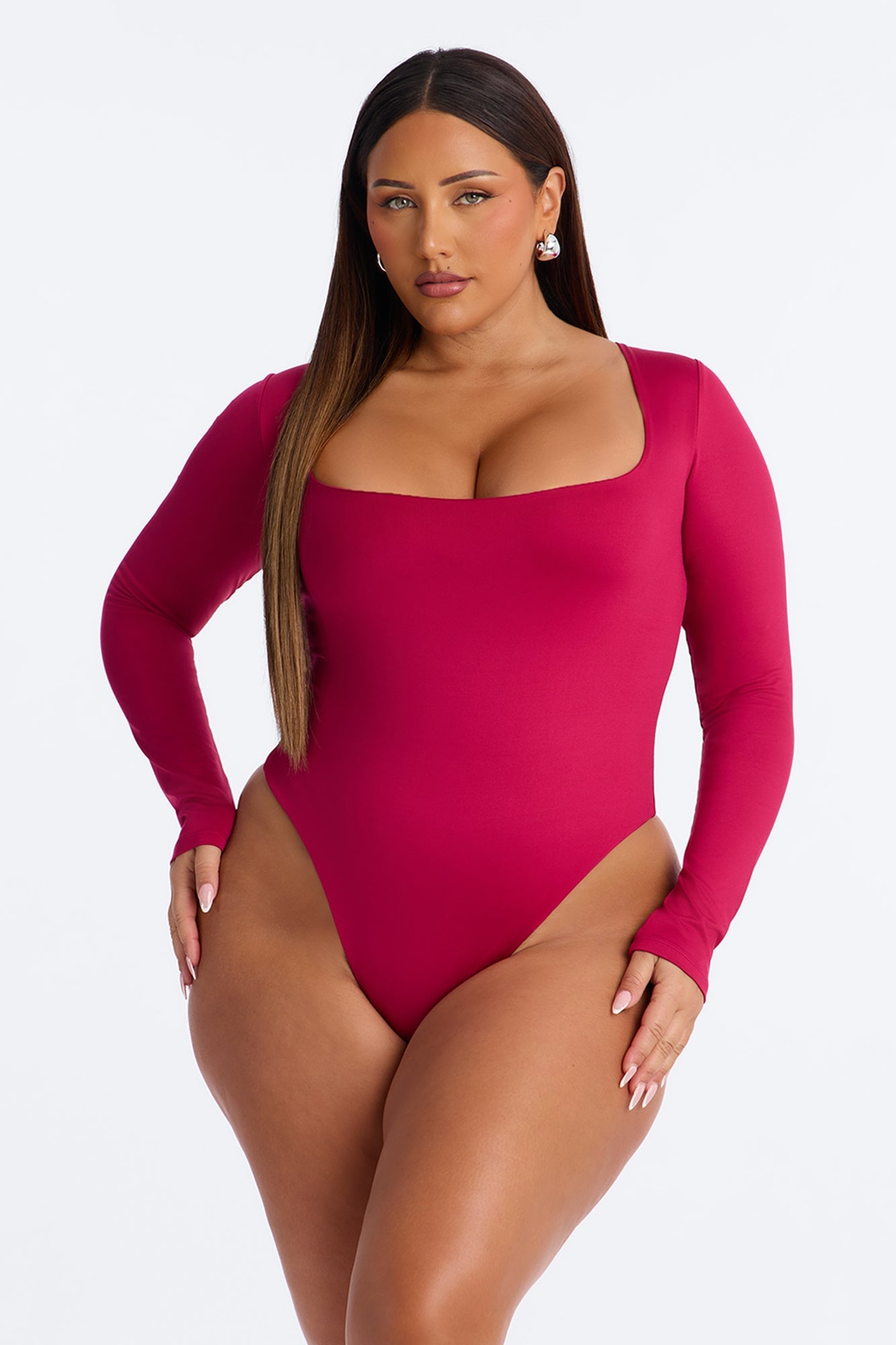 Contour Double Lined Long Sleeve Square Neck Bodysuit - Raspberry image 1