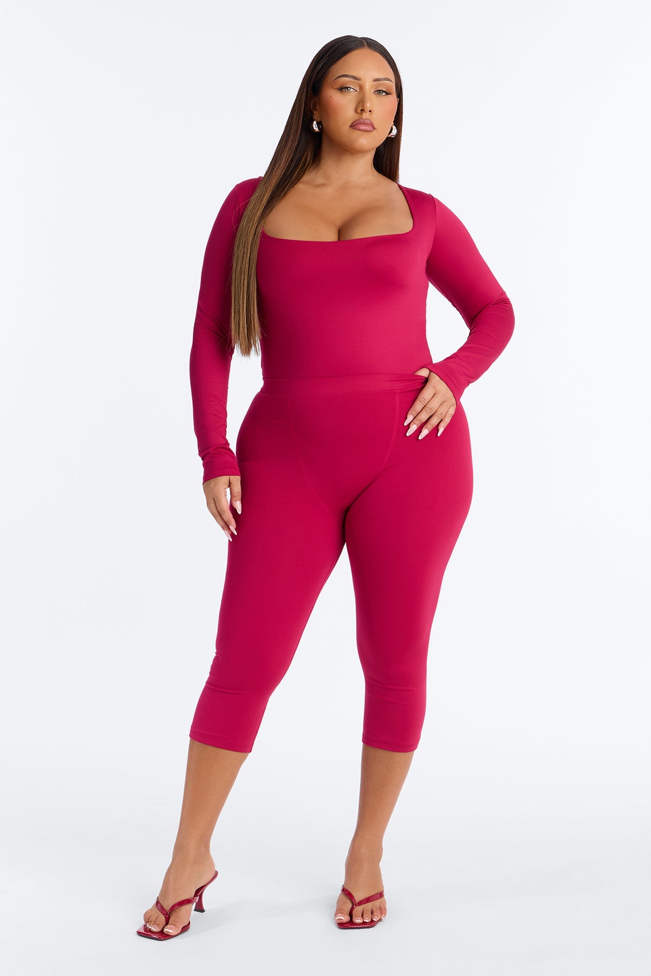 Contour Double Lined Long Sleeve Square Neck Bodysuit - Raspberry image 2
