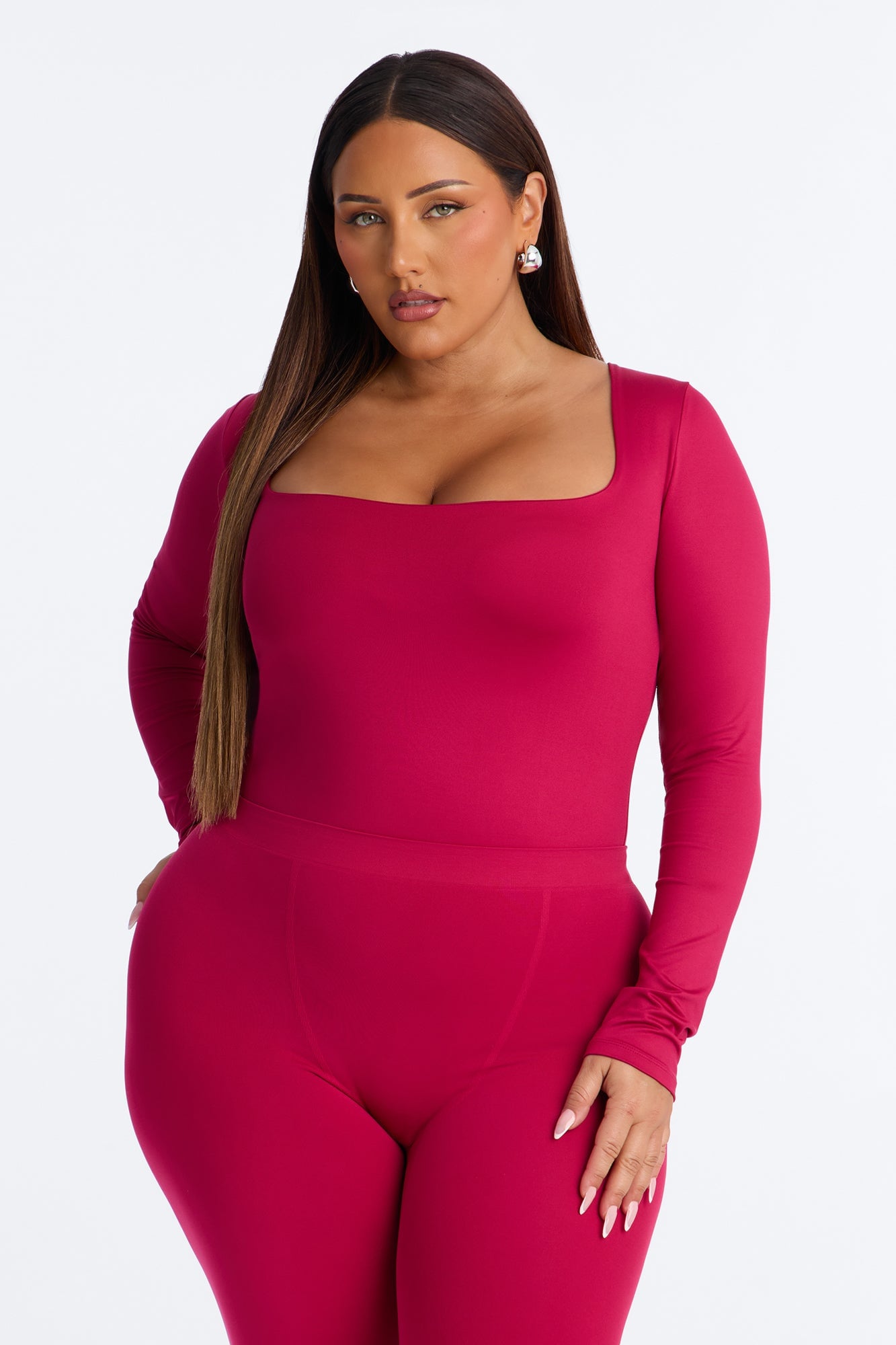 Contour Double Lined Long Sleeve Square Neck Bodysuit - Raspberry image 3