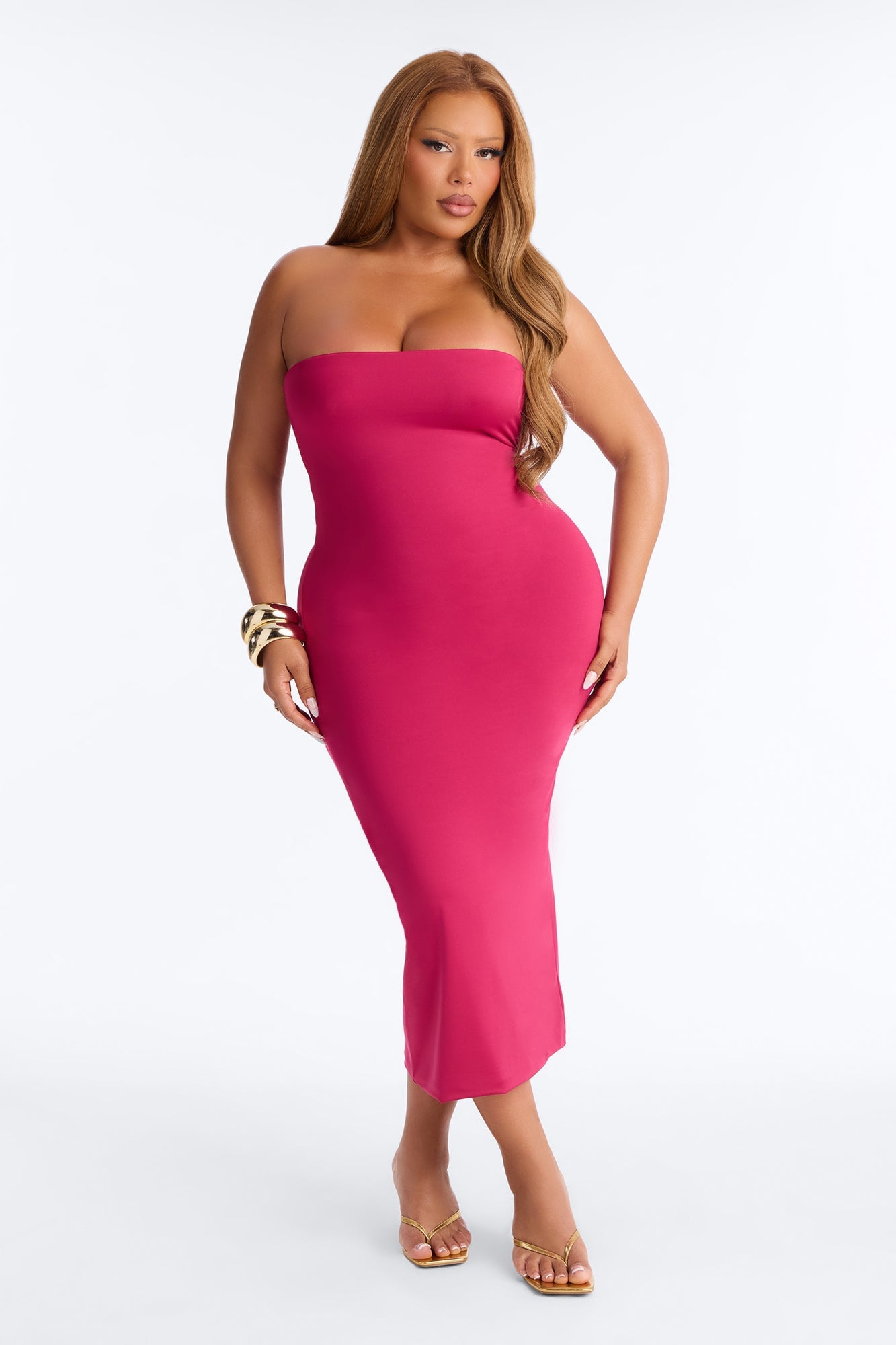 Contour Double Lined Strapless Midi Dress - Raspberry image 1