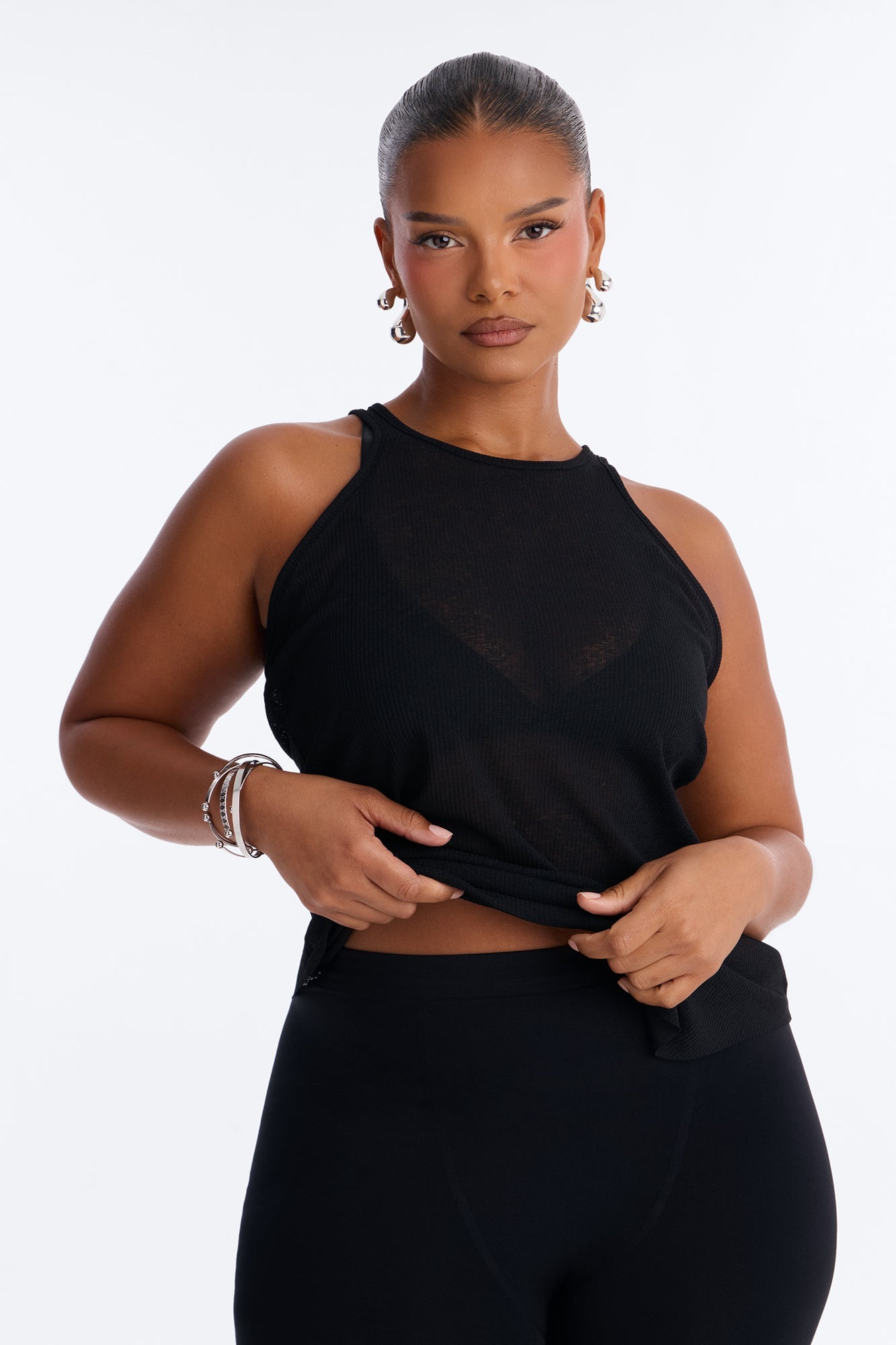 Gigi Long Ribbed Sheer Tank Top - Black image 2