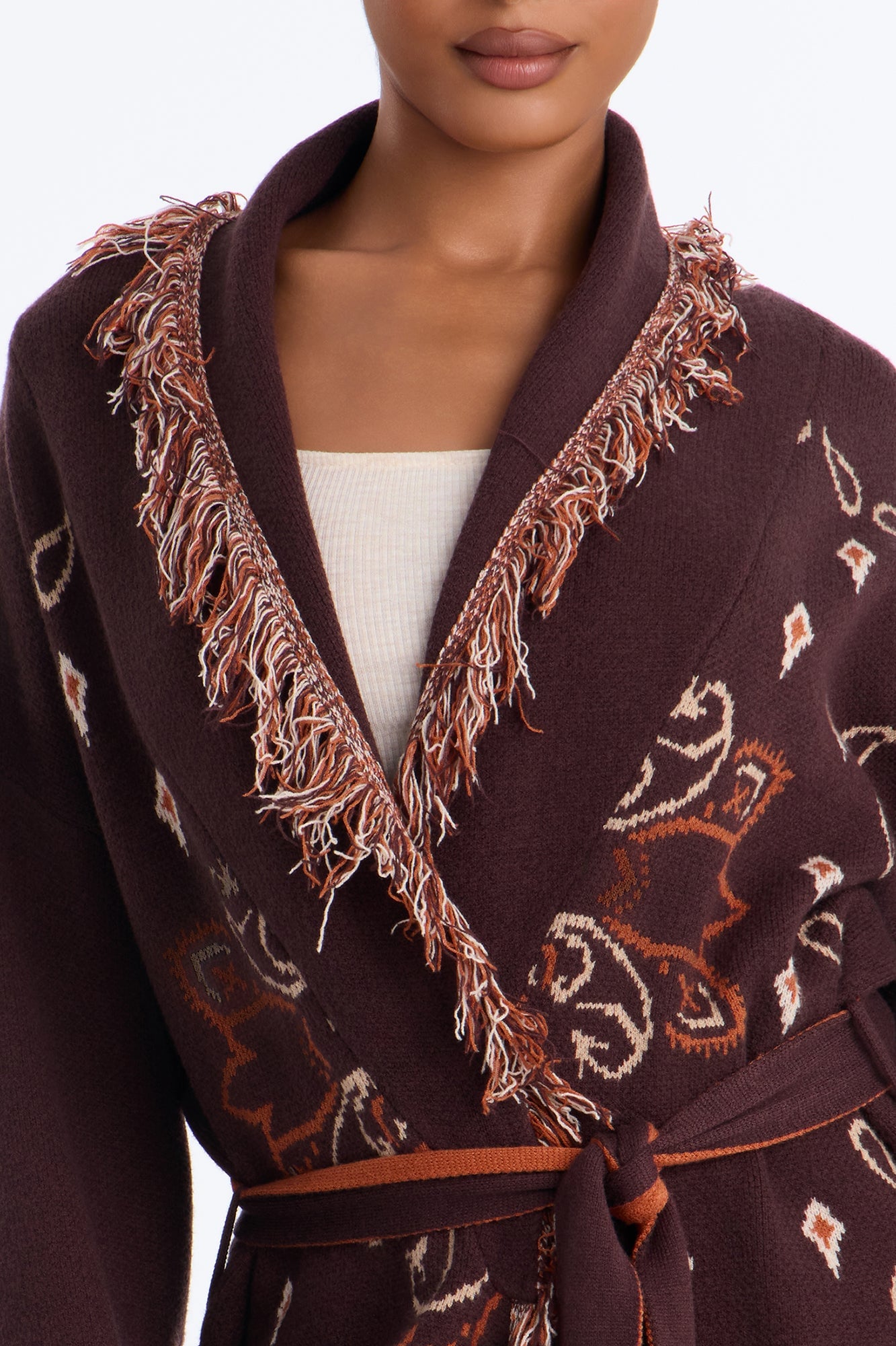 Aspen Jacquard Fringe Cardigan - Brown Combo image 7