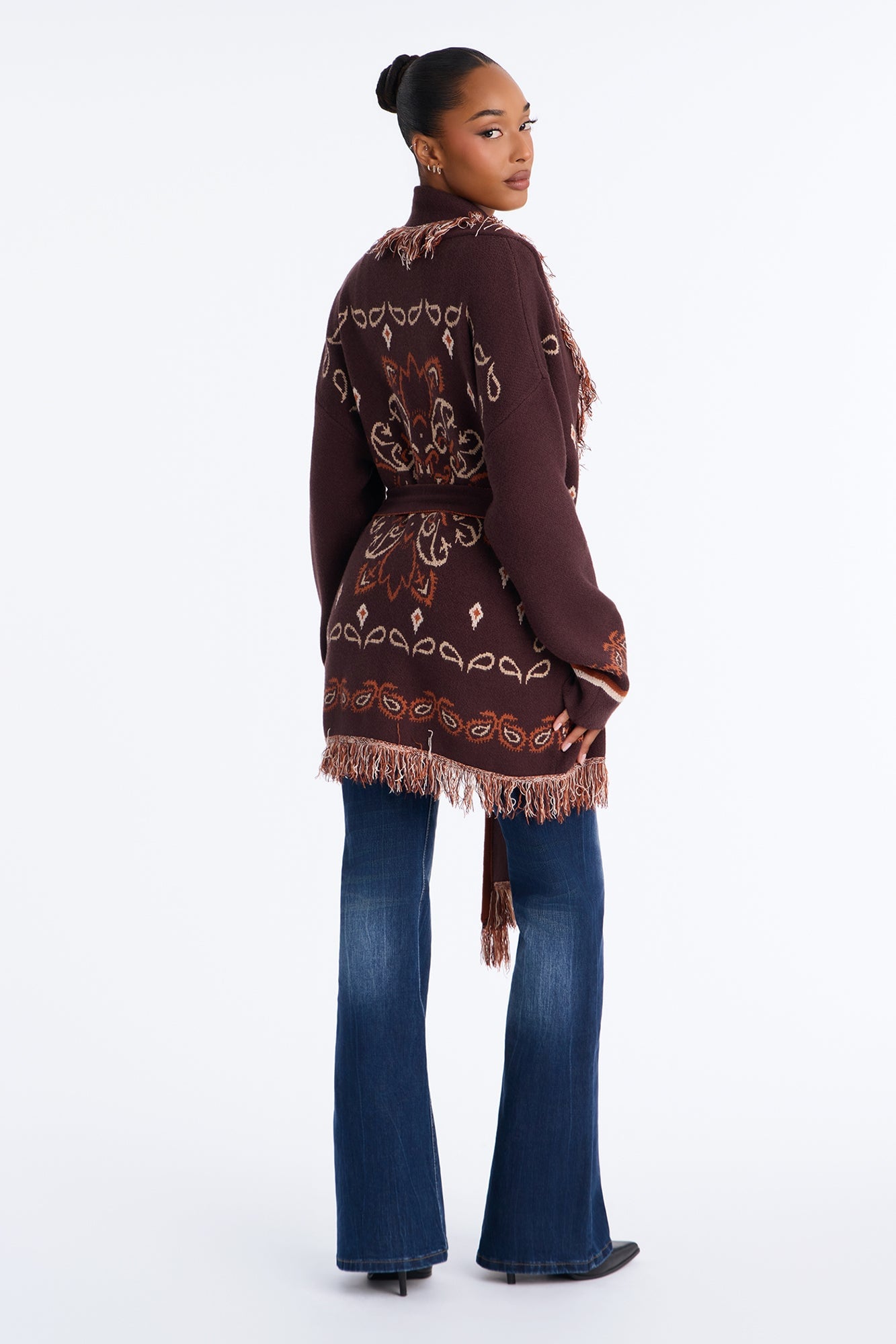 Aspen Jacquard Fringe Cardigan - Brown Combo image 8