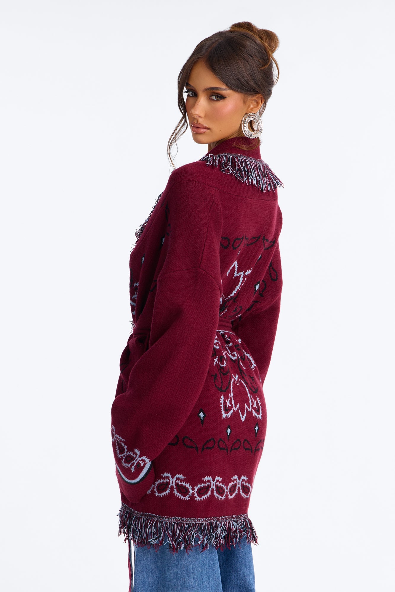 Aspen Jacquard Fringe Cardigan - Burgundy/combo image 8