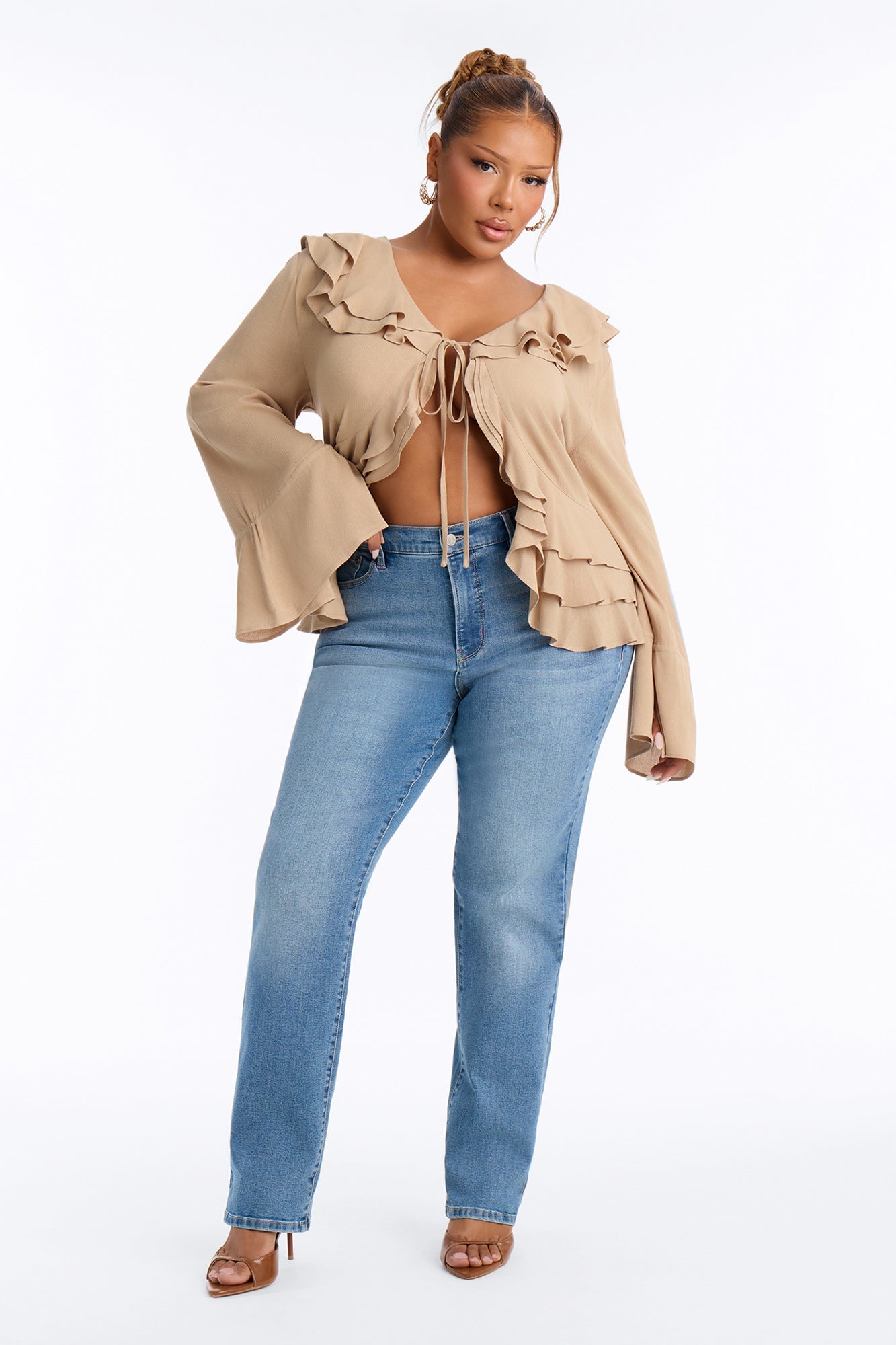 Summer Crush Ruffle Tie Front Flyaway Top - Mocha image 2