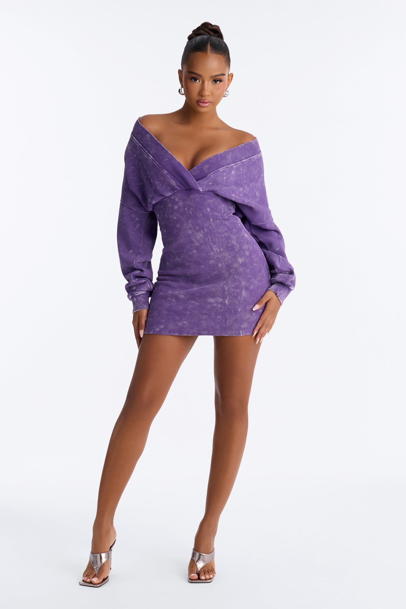 Amara Fleece Off Shoulder Sweatshirt Mini Dress - Purple image 6