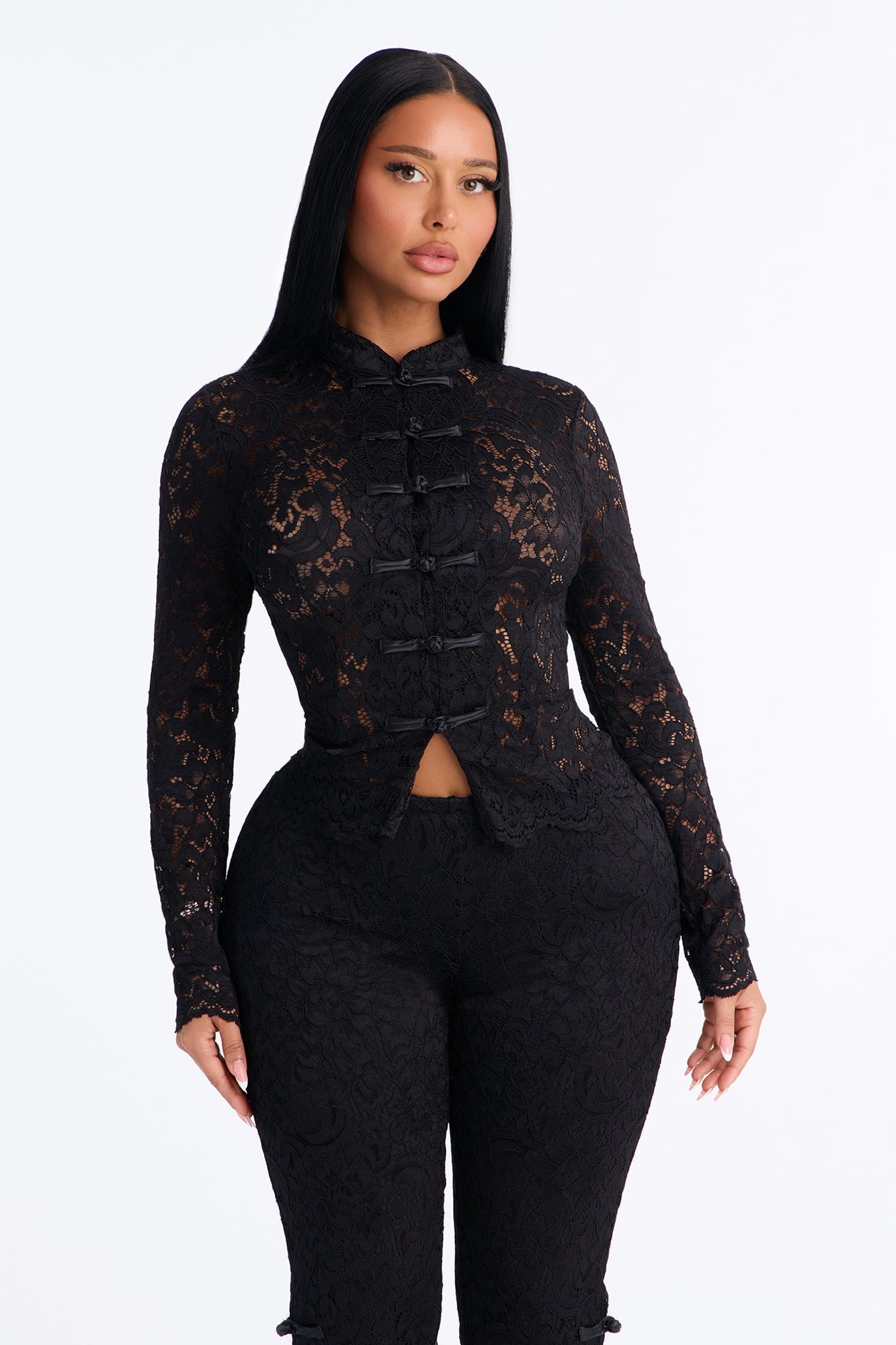 Le Fleur Lace Long Sleeve Capri Set - Black image 6