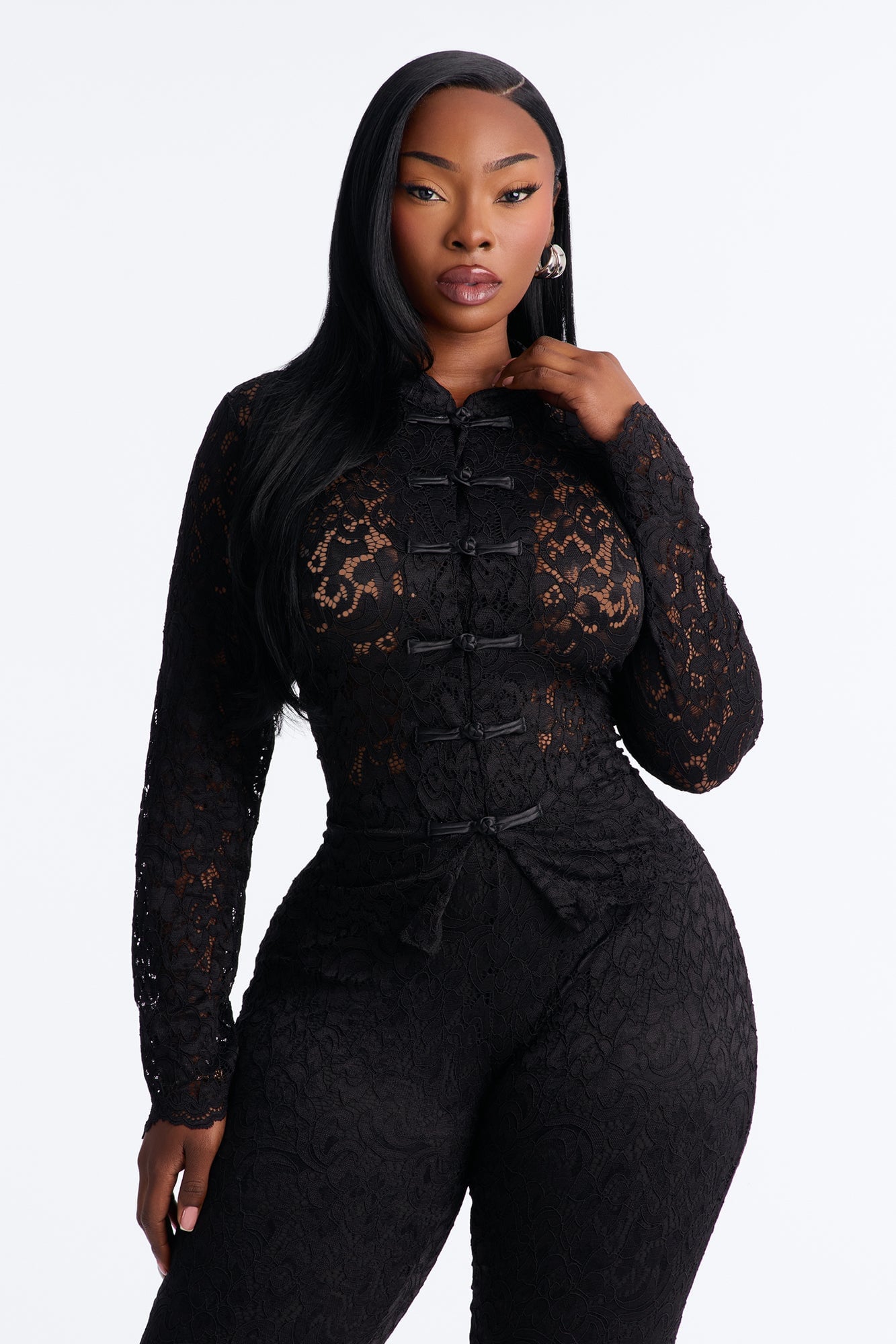 Le Fleur Lace Long Sleeve Capri Set - Black image 2