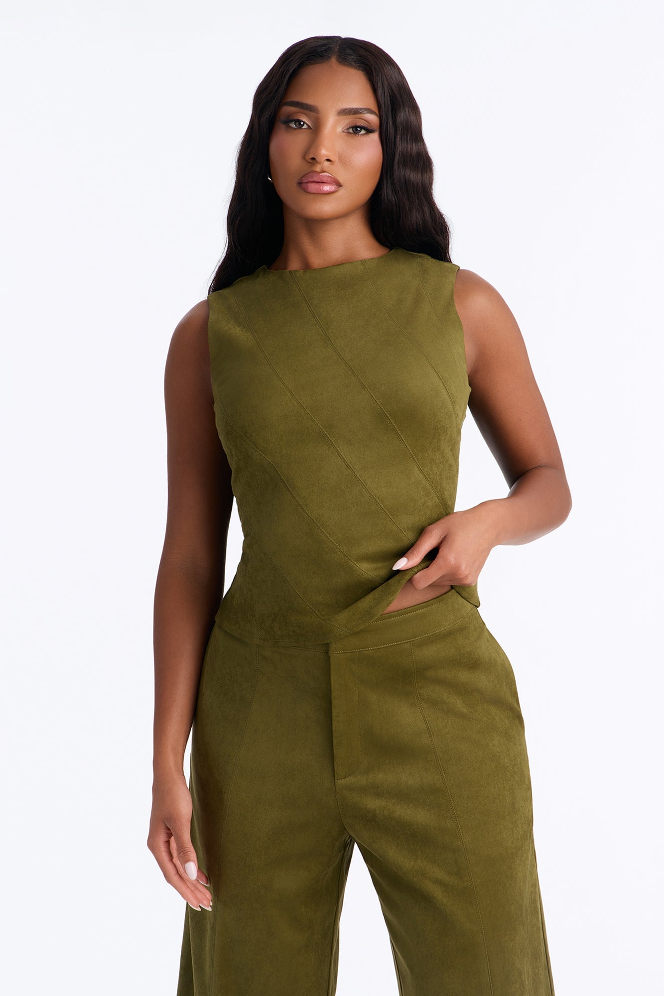 Sasha Faux Suede Bermuda Short Set - Olive image 6
