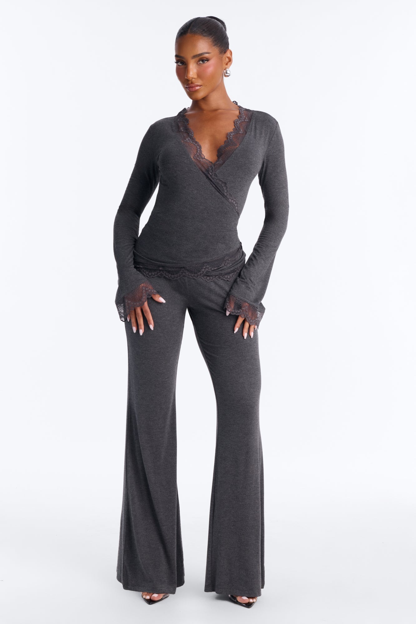 Danielle Lace Trim Wrap Pant Set - Charcoal image 5