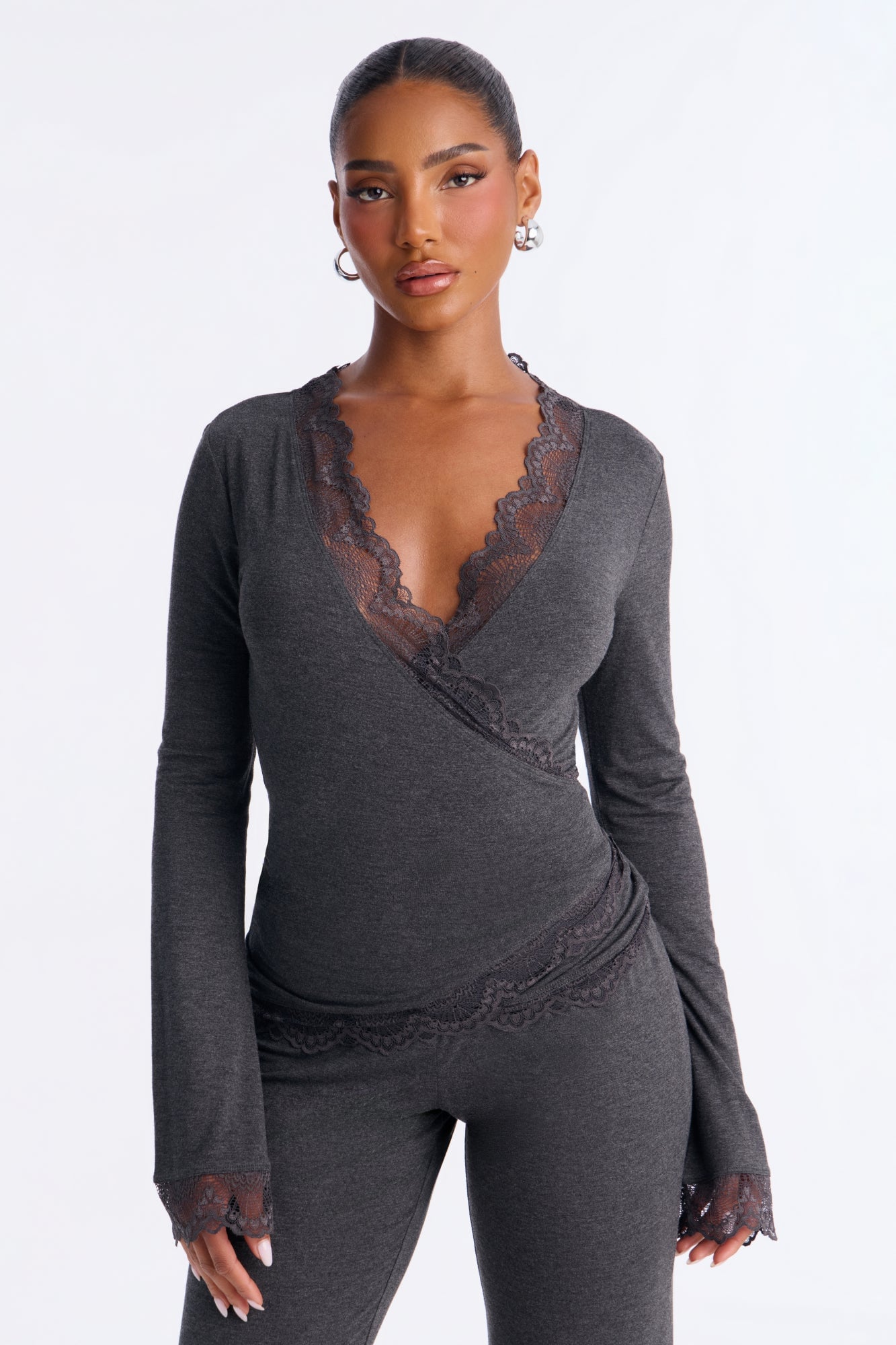 Danielle Lace Trim Wrap Pant Set - Charcoal image 6