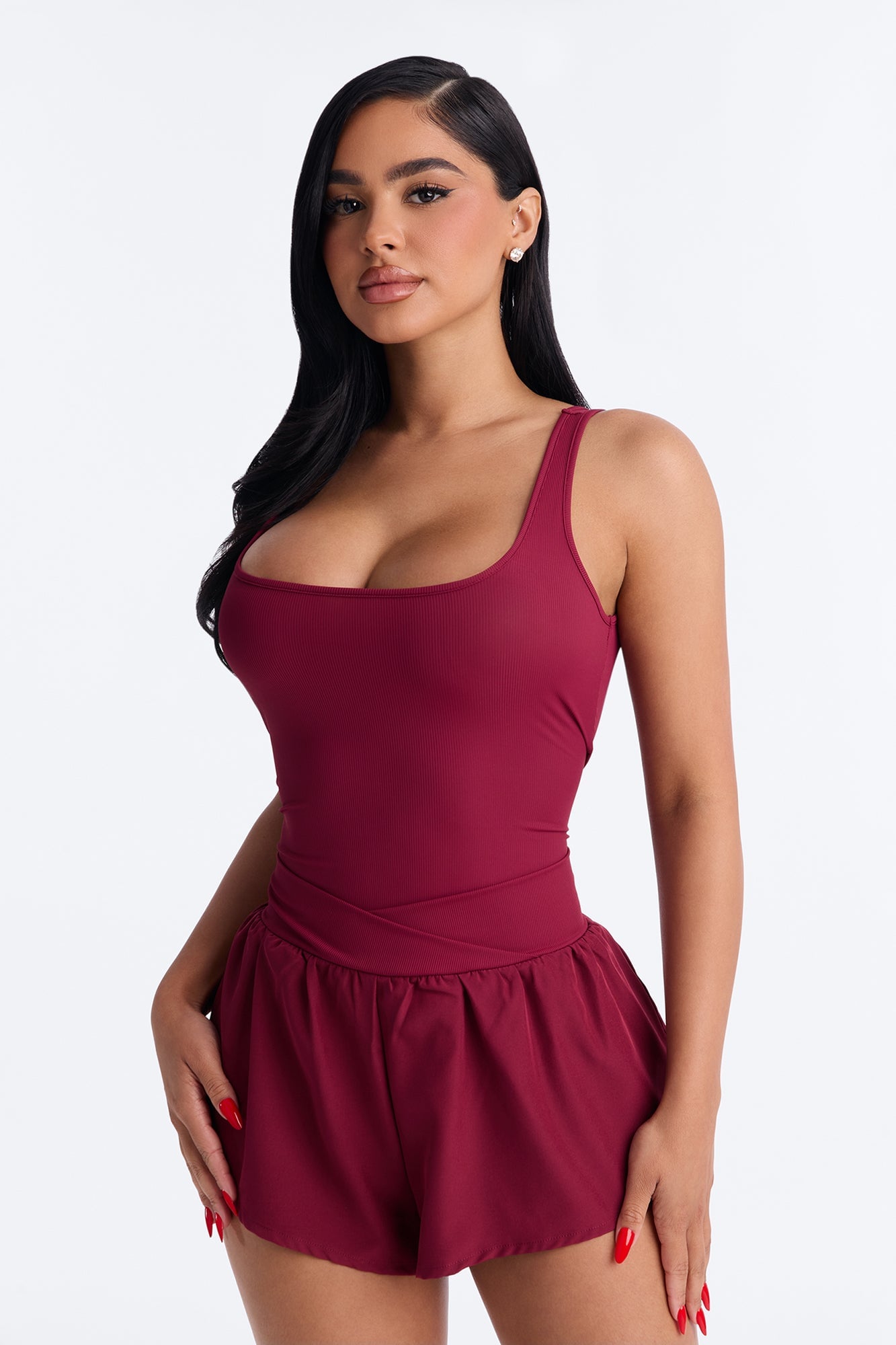 Tennis Court Baddie Sleeveless Windbreak Short Romper - Burgundy image 5