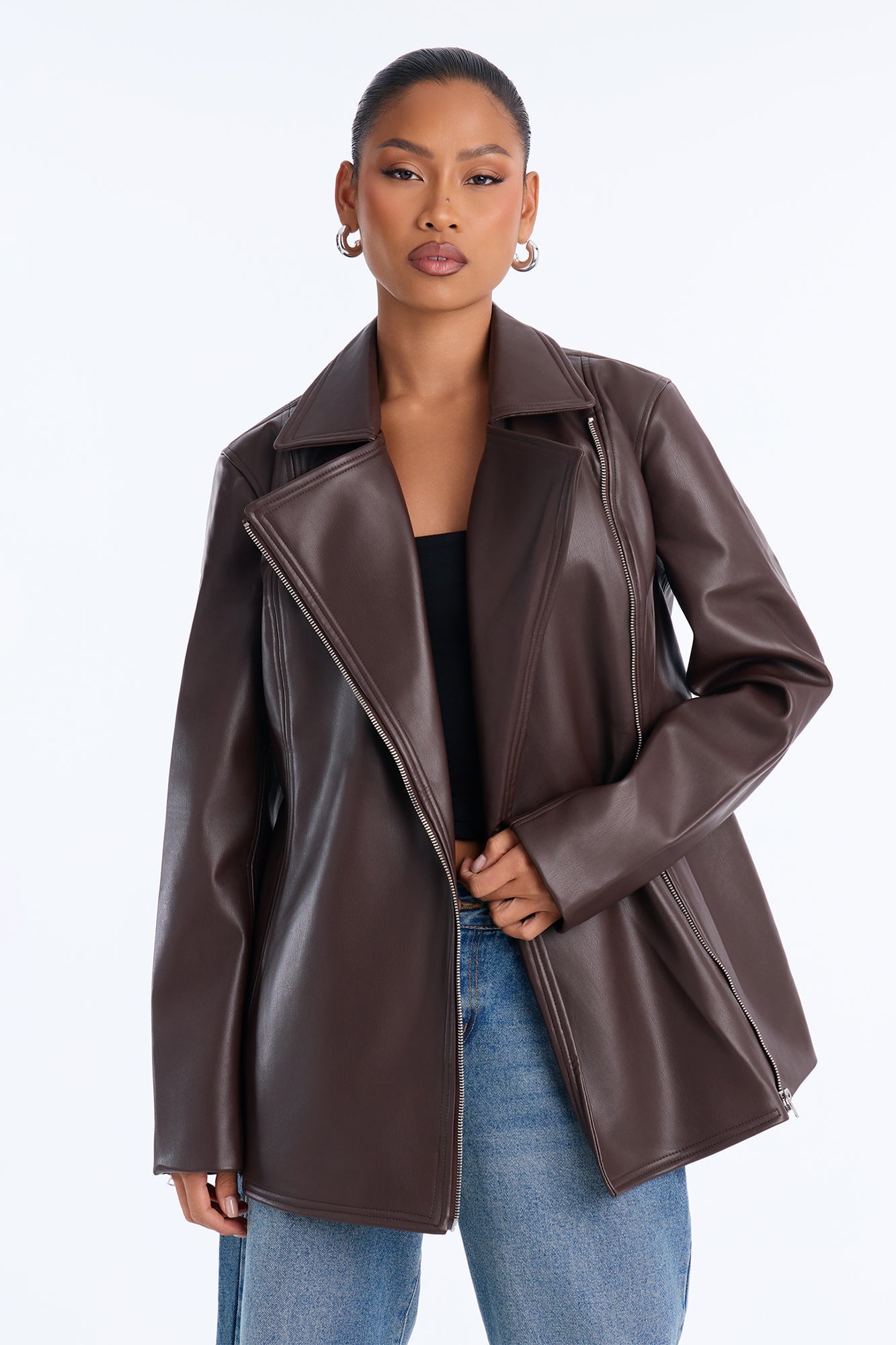 Dusk To Dawn Faux Leather Moto Jacket - Chocolate image 5