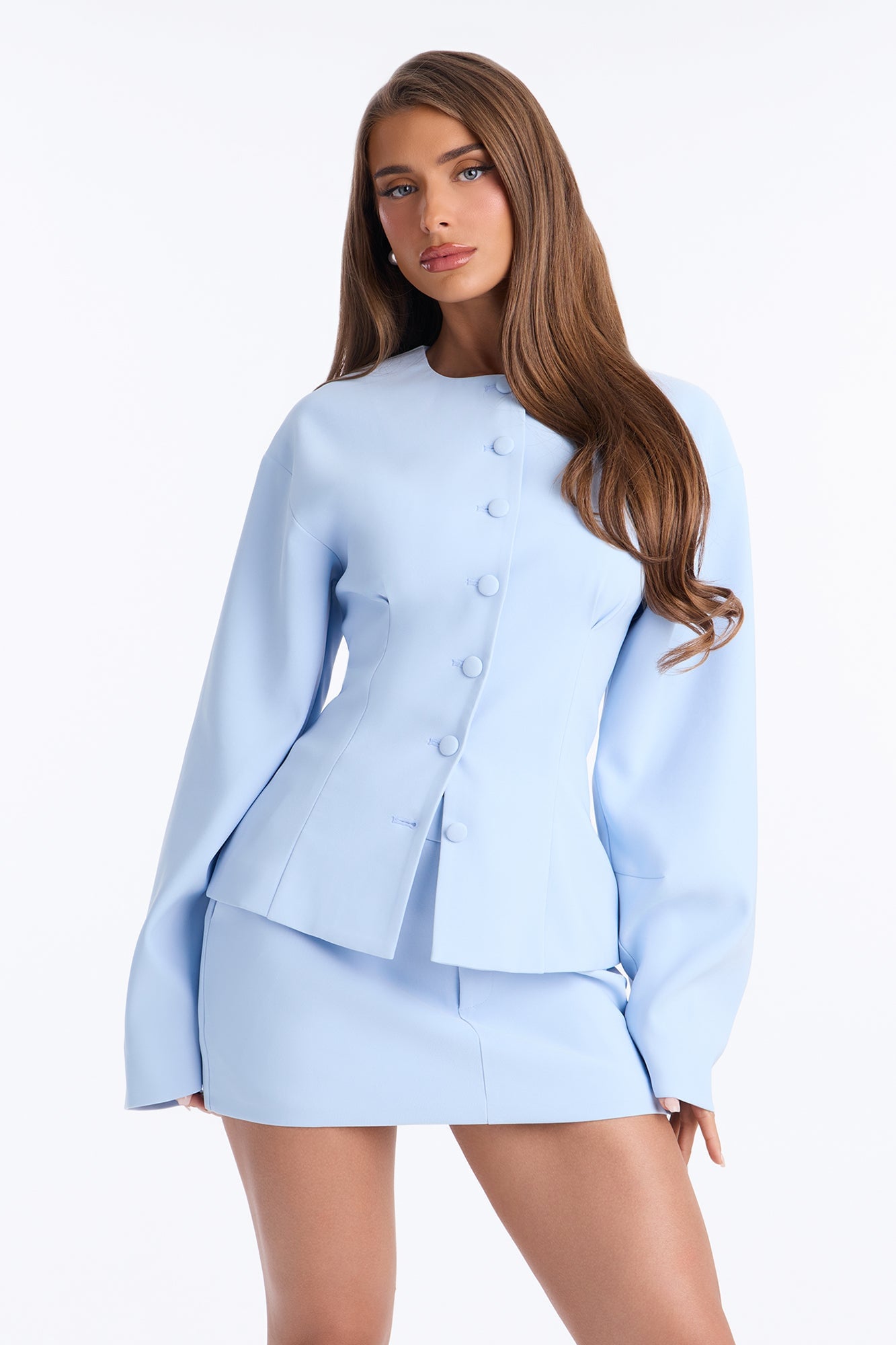 Happy Hour Fitted Waist Collarless Boxy Blazer - LightBlue image 5
