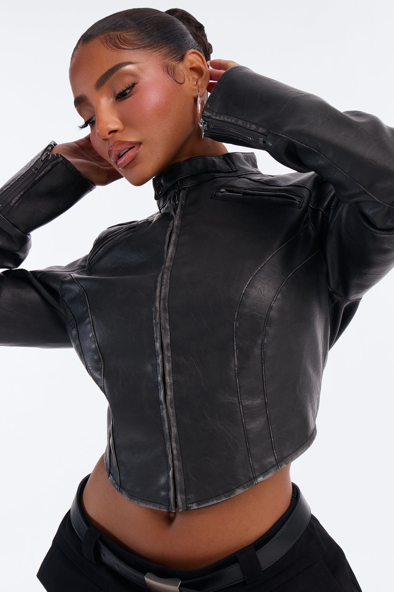 Run The Streets Fitted Washed Faux Leather Moto Jacket - Black image 9