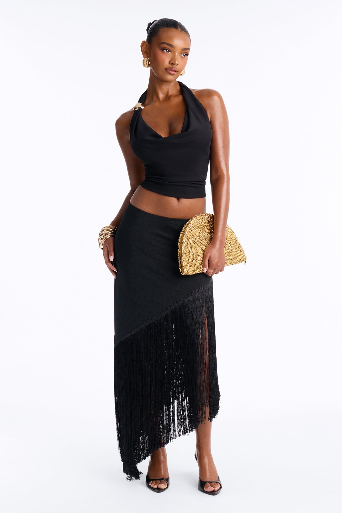 Somewhere Tropical Metallic Knit Fringe Midi Skirt - Black image 1