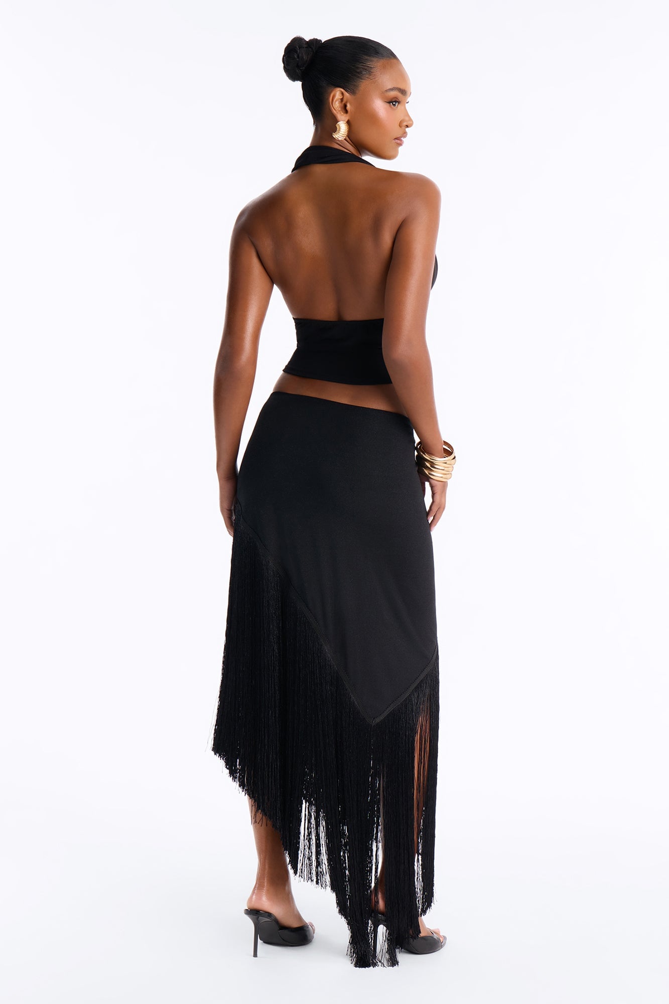 Somewhere Tropical Metallic Knit Fringe Midi Skirt - Black image 4