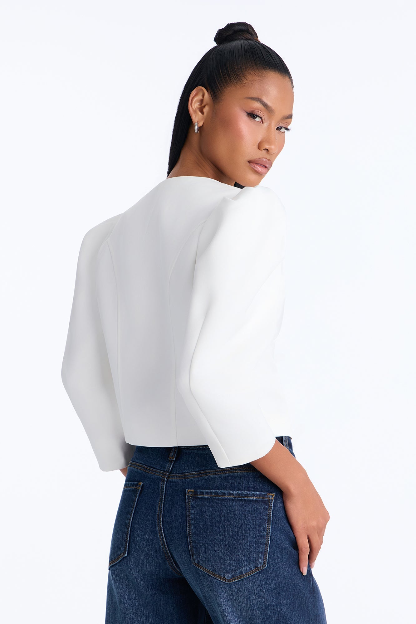 Melania Button Front Puff Sleeve Satin Jacket - Ivory image 8