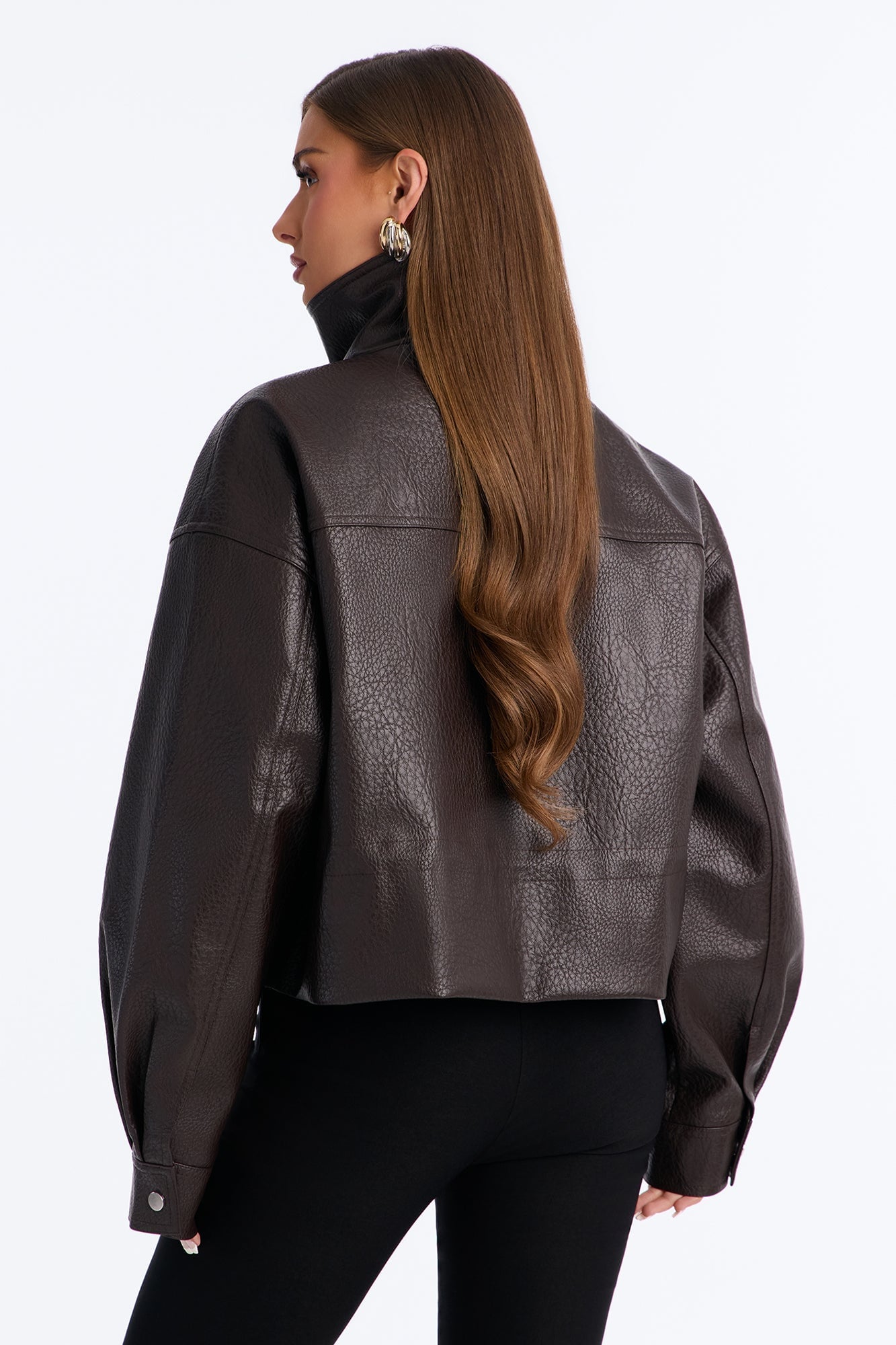 Ava Faux Leather Funnel Neck Cinched Waist Bomber - Brown image 8