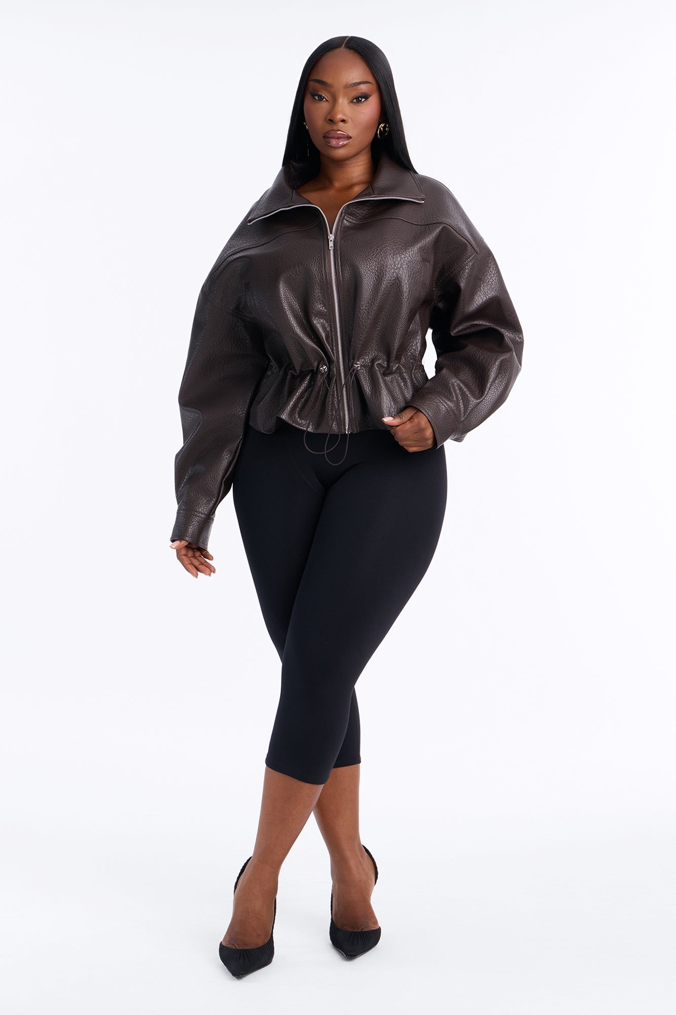 Ava Faux Leather Funnel Neck Cinched Waist Bomber - Brown image 2