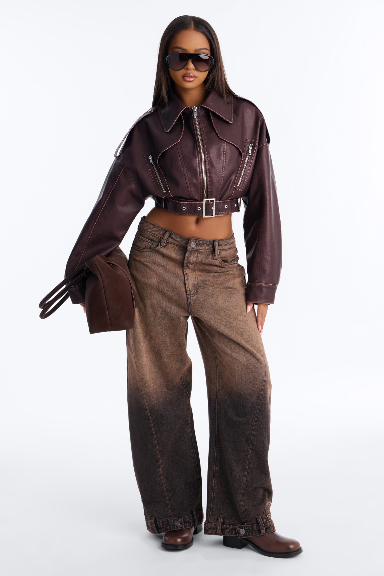 Megan Washed Faux Leather Belted Moto Jacket - Chestnut image 1