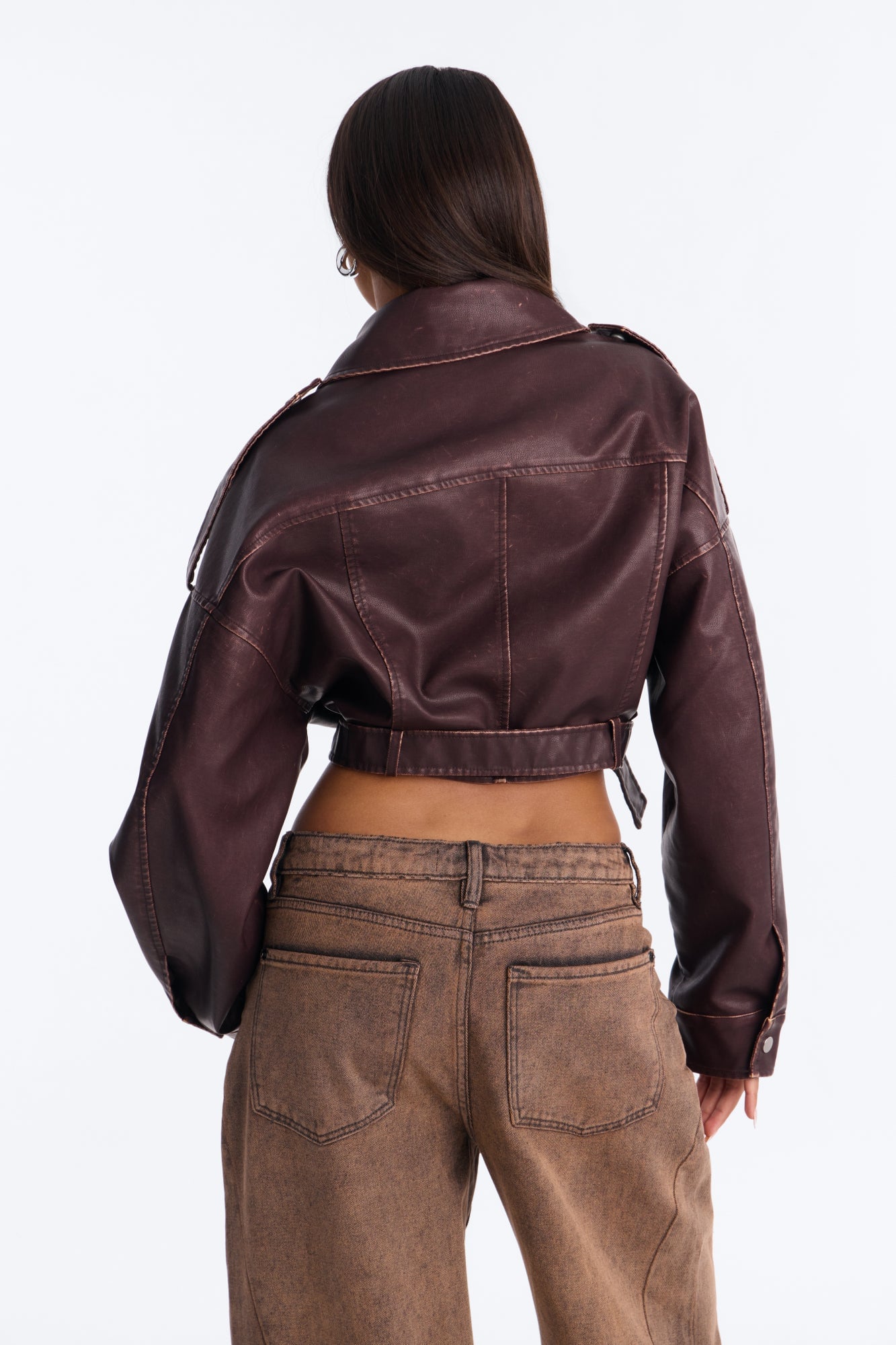 Megan Washed Faux Leather Belted Moto Jacket - Chestnut image 4