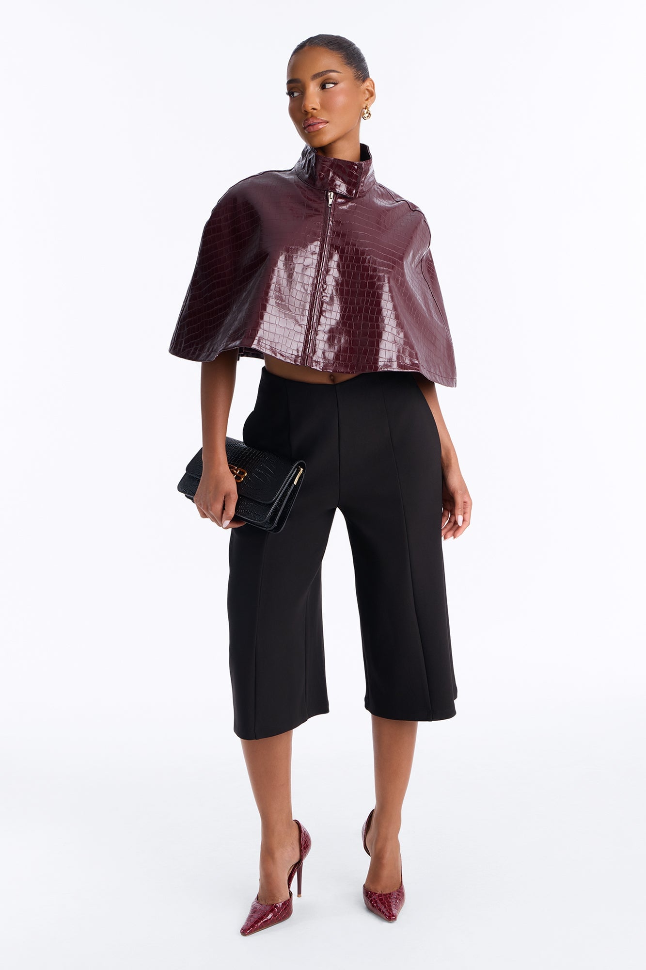 Midnight Funnel Neck Croc Cape - Burgundy image 6