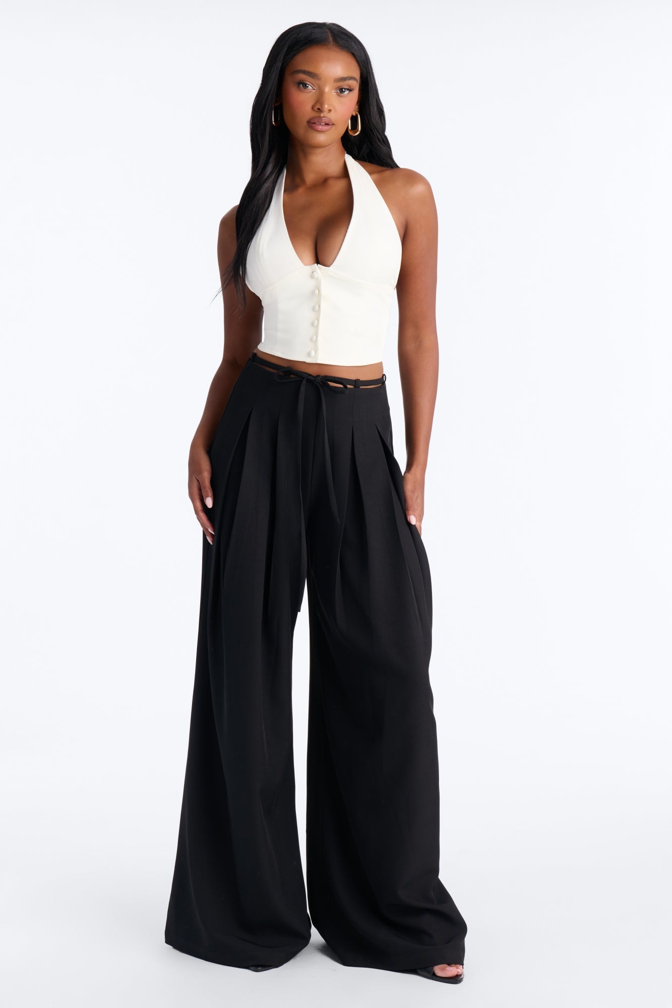 Halle High Rise Tie Waist Pleated Trouser - Black image 5