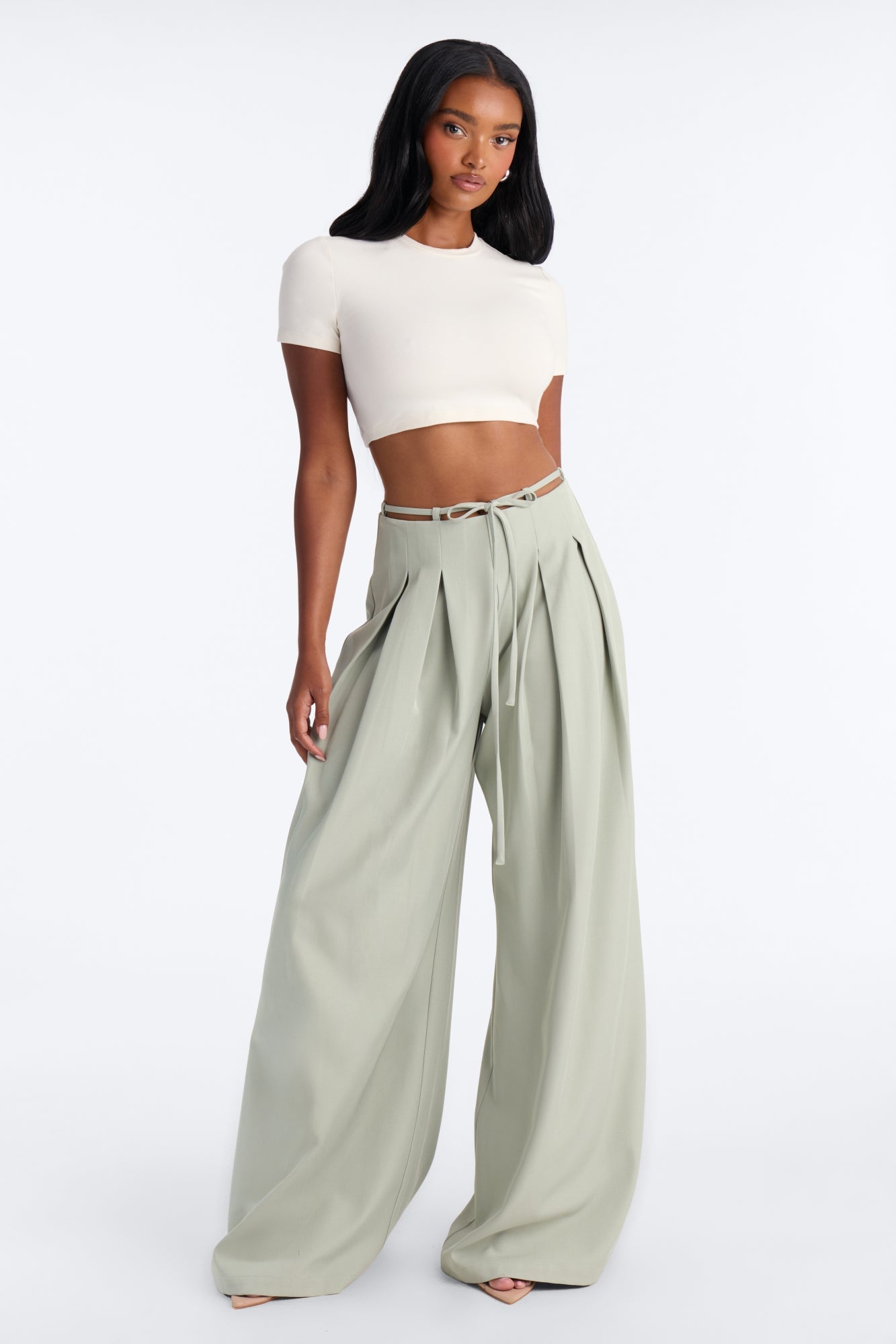 Halle High Rise Tie Waist Pleated Trouser - Sage image 5