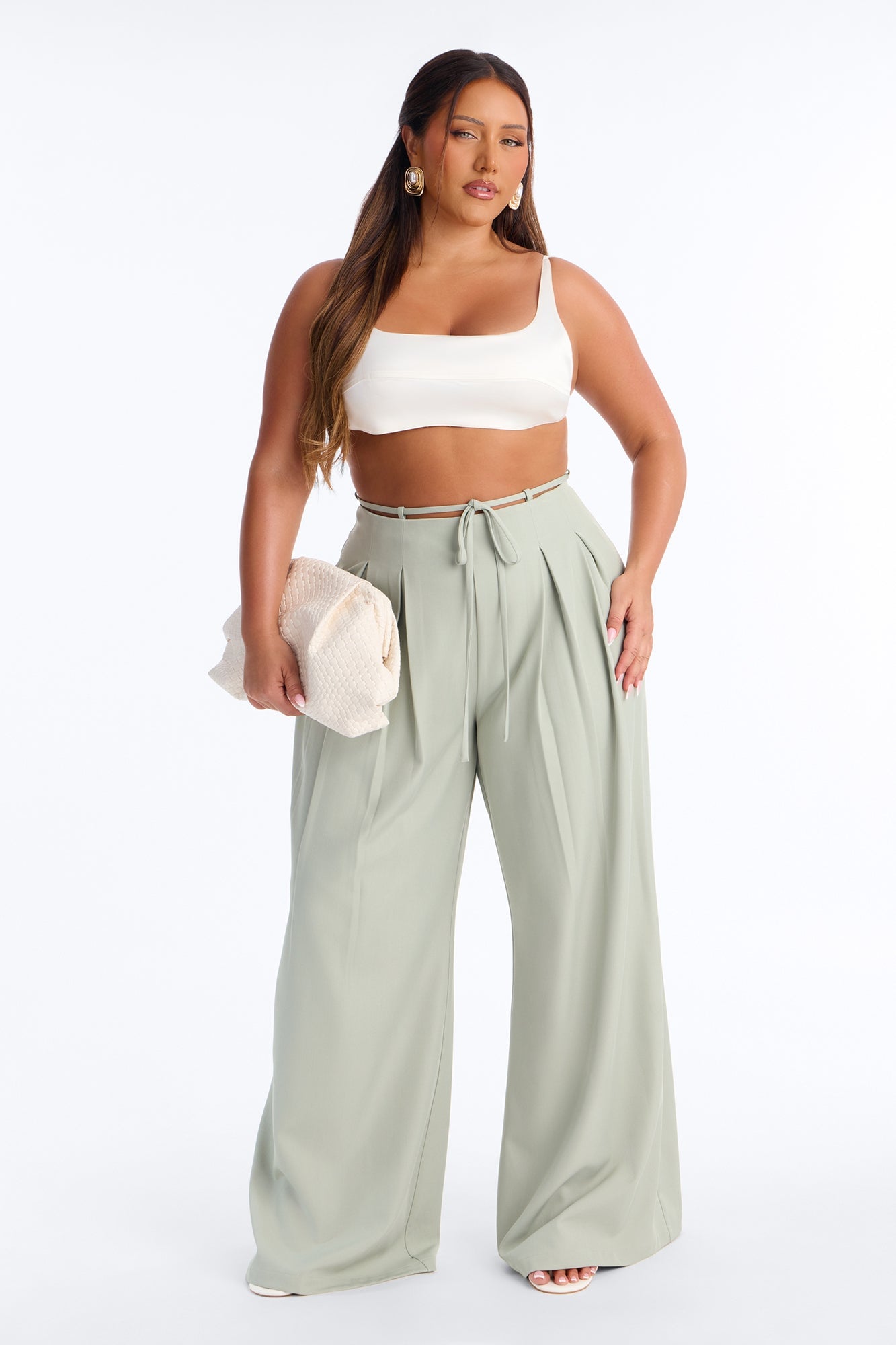 Halle High Rise Tie Waist Pleated Trouser - Sage image 1