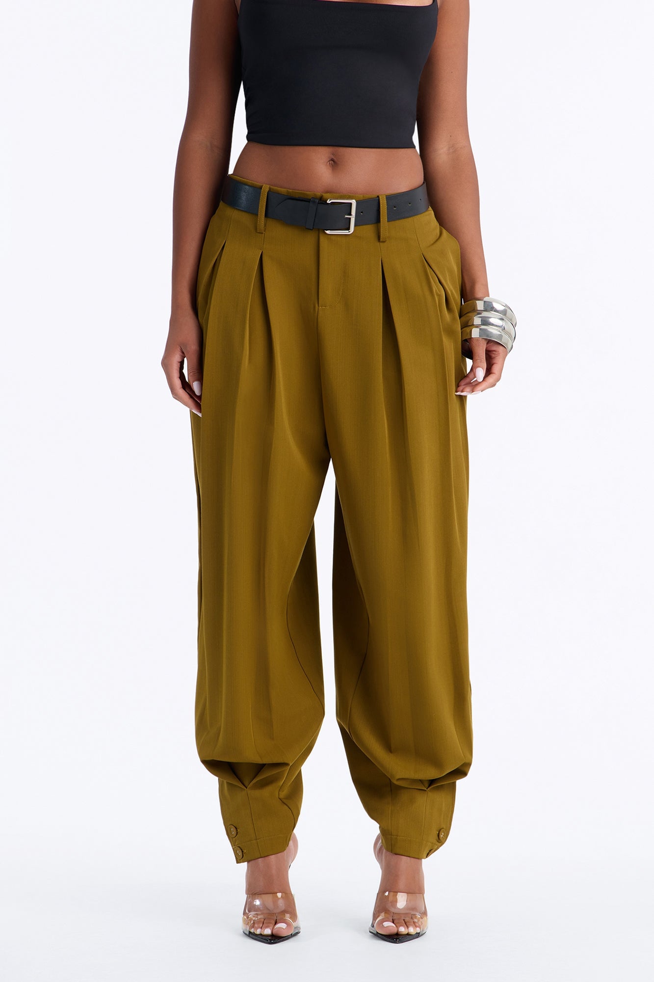 Stephanie High Rise Belted Button Cuff Trouser - Olive image 5