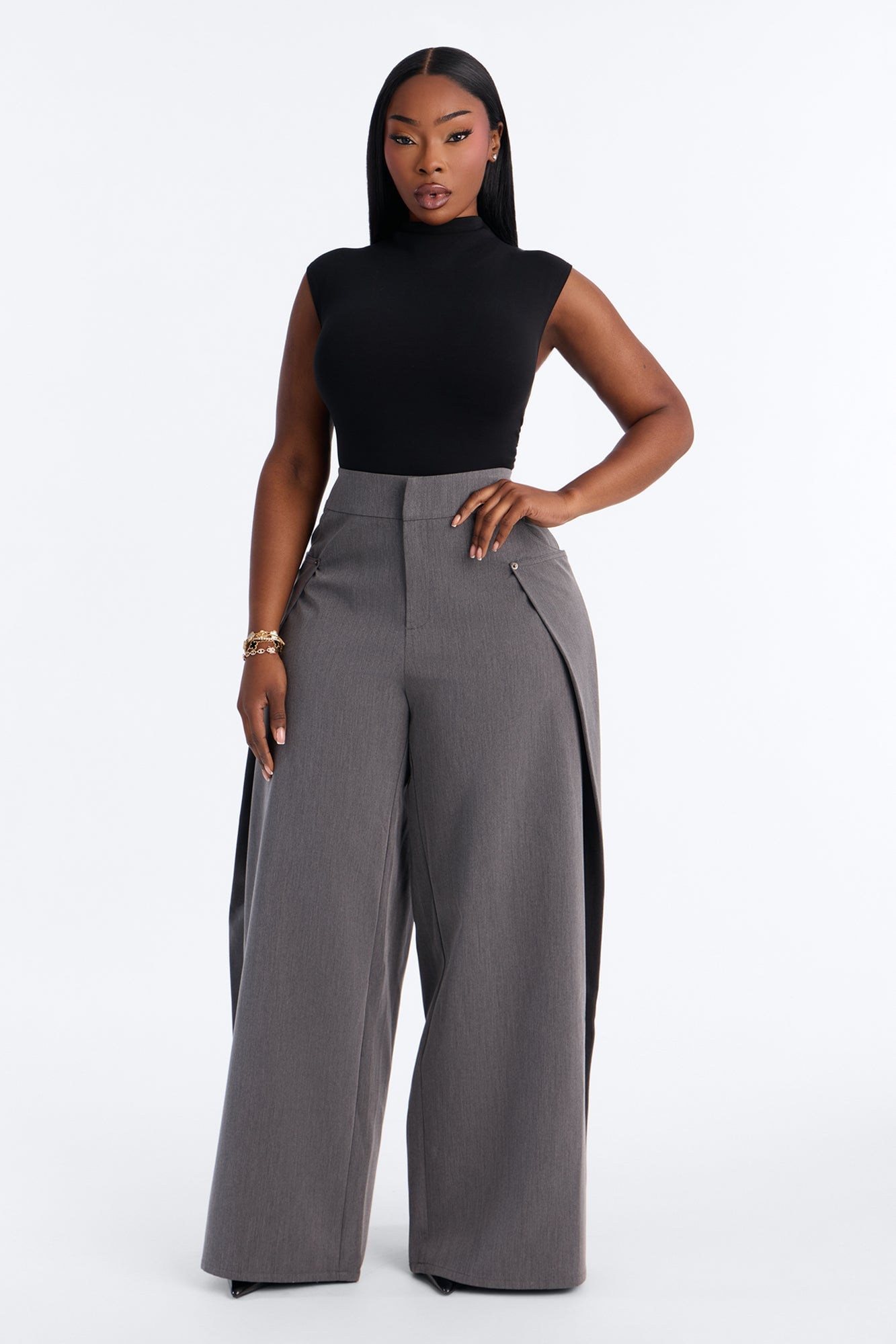 Presley Paneled Wrap Wide Leg Trouser - Charcoal image 1