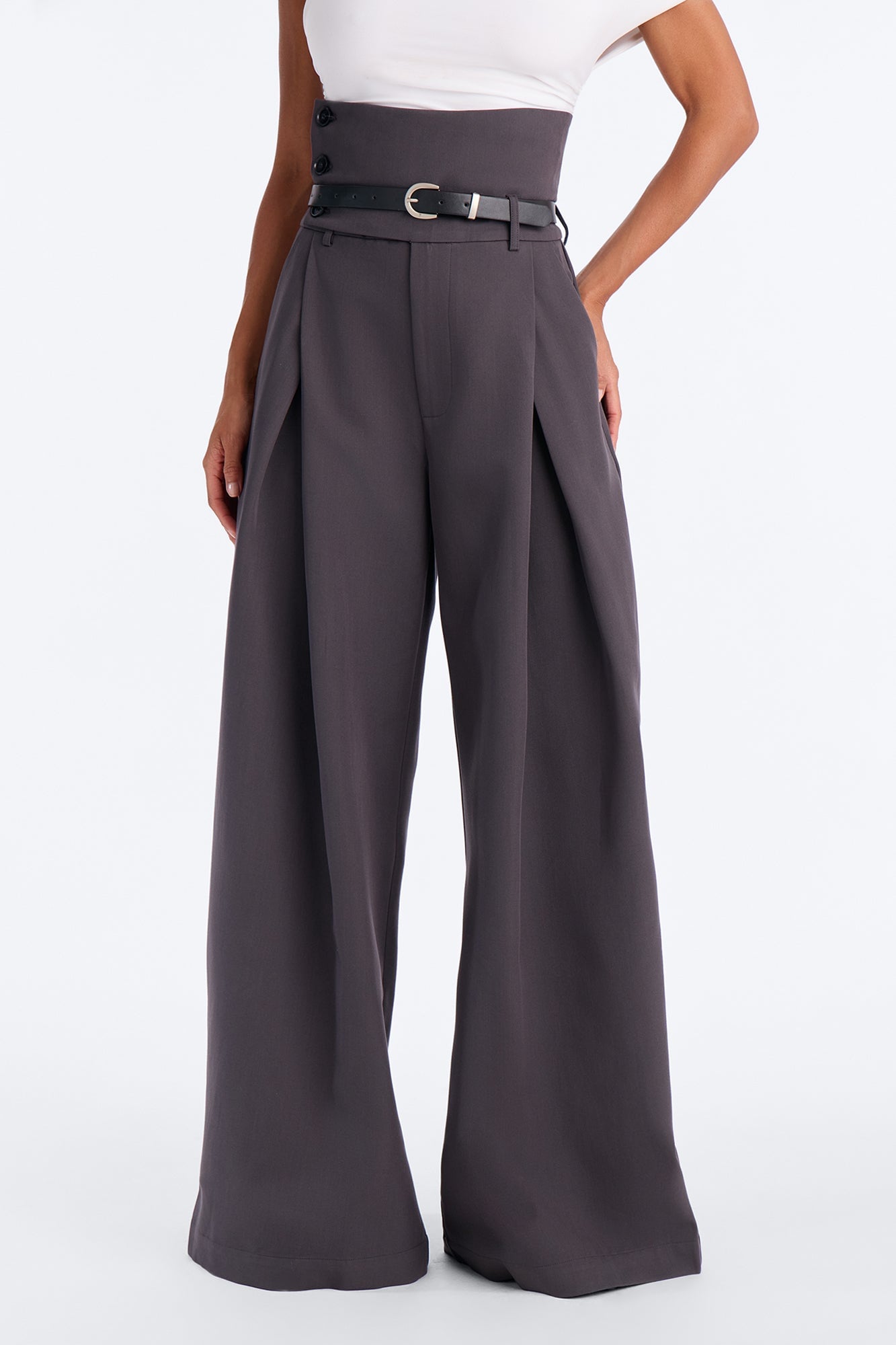 Thalia High Rise Foldover Corset Waist Belted Trouser - Charcoal image 6