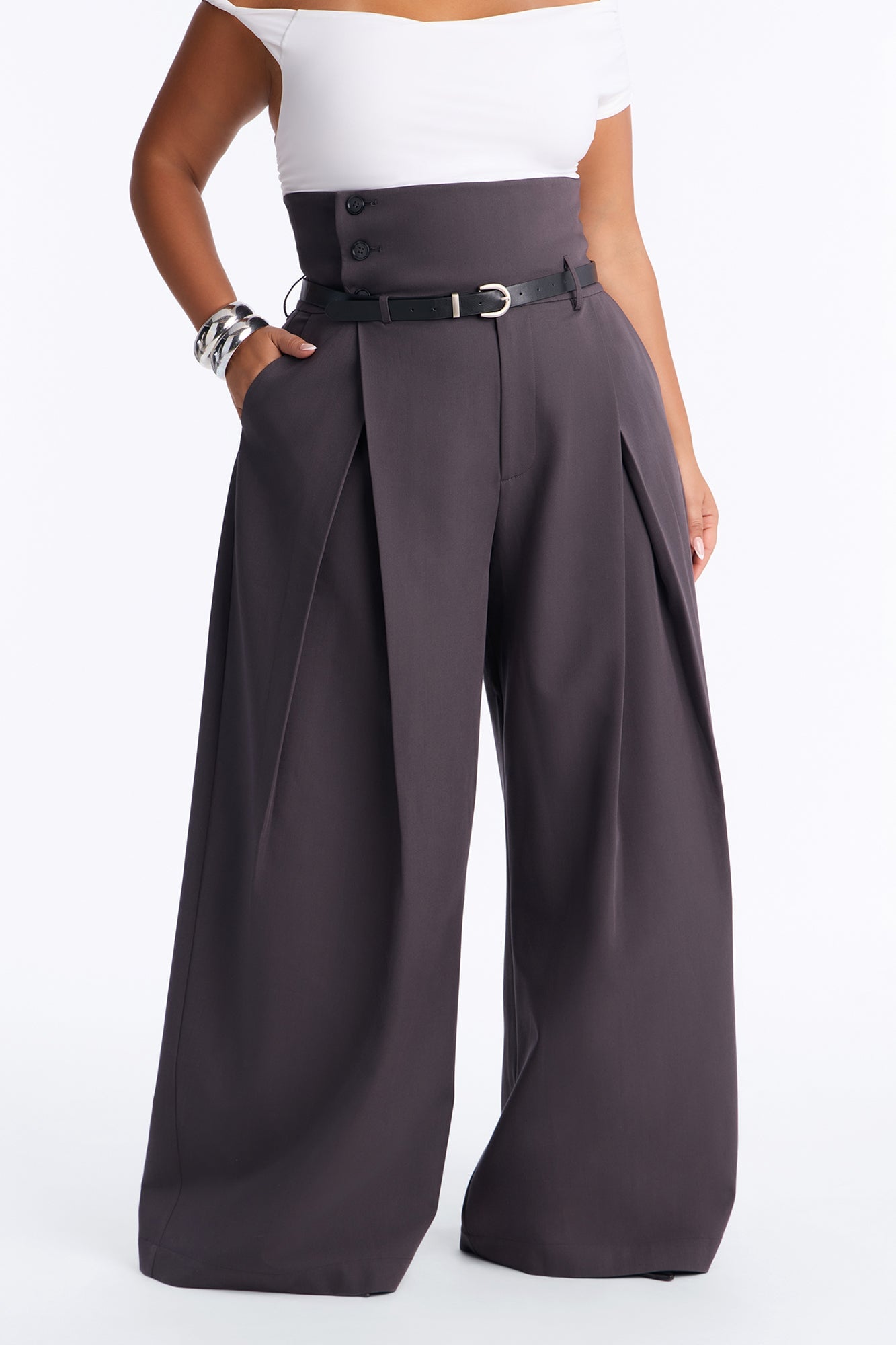 Thalia High Rise Foldover Corset Waist Belted Trouser - Charcoal image 2