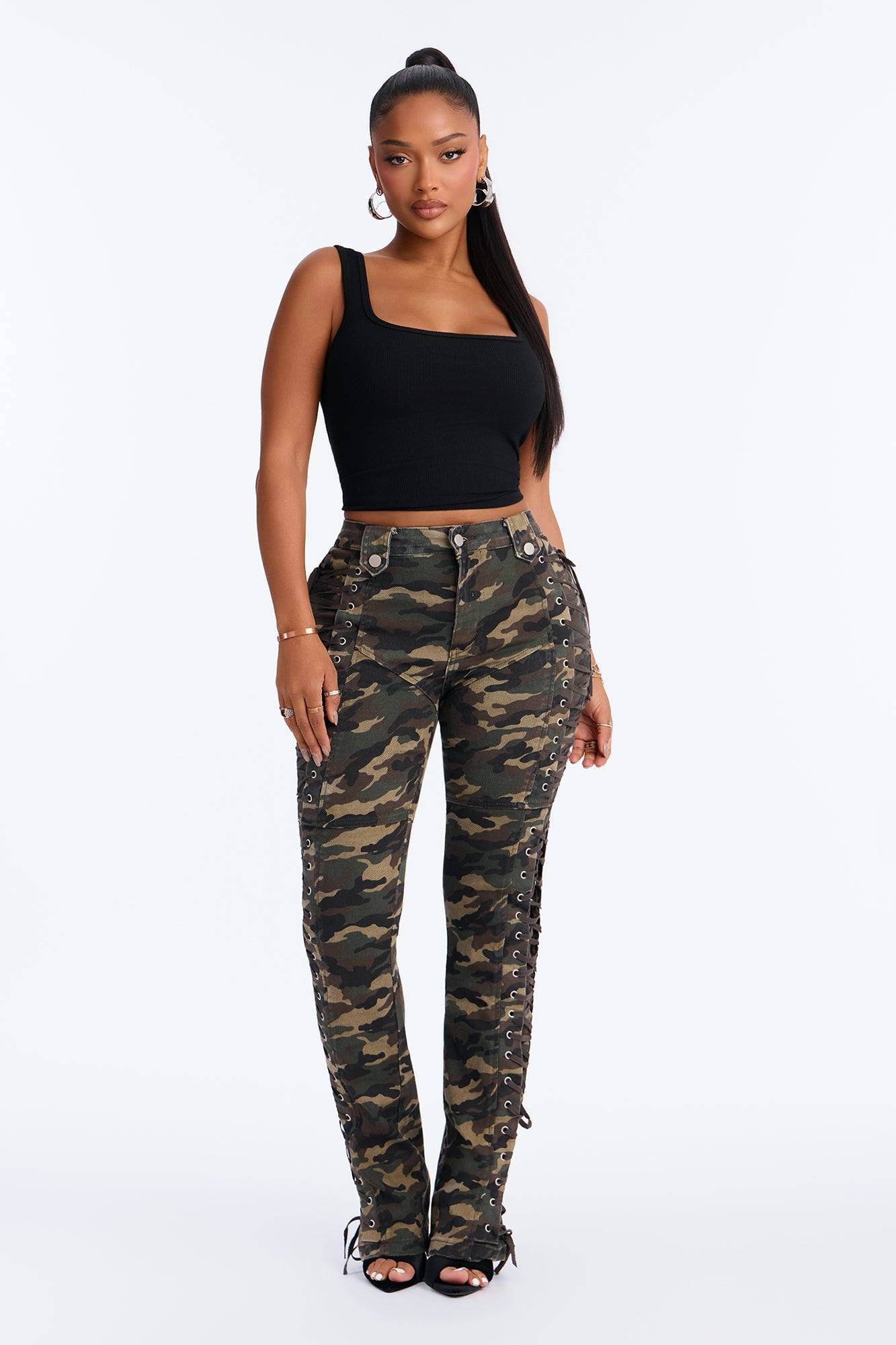 After Hours Lace Up Printed Flare Pant - Olive/combo image 5