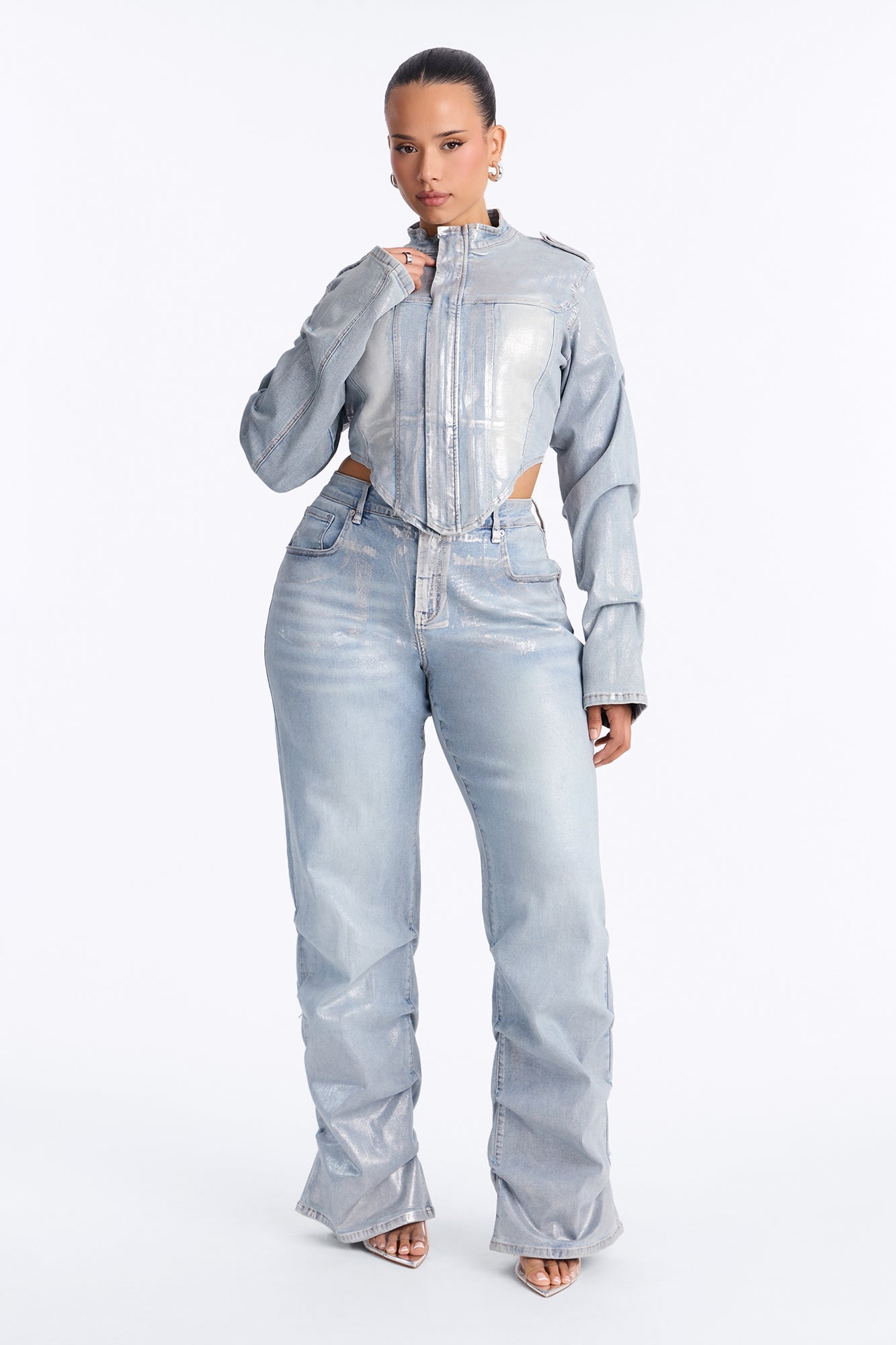 Frenchie Foil Stacked Slim Jeans - Light Wash image 2
