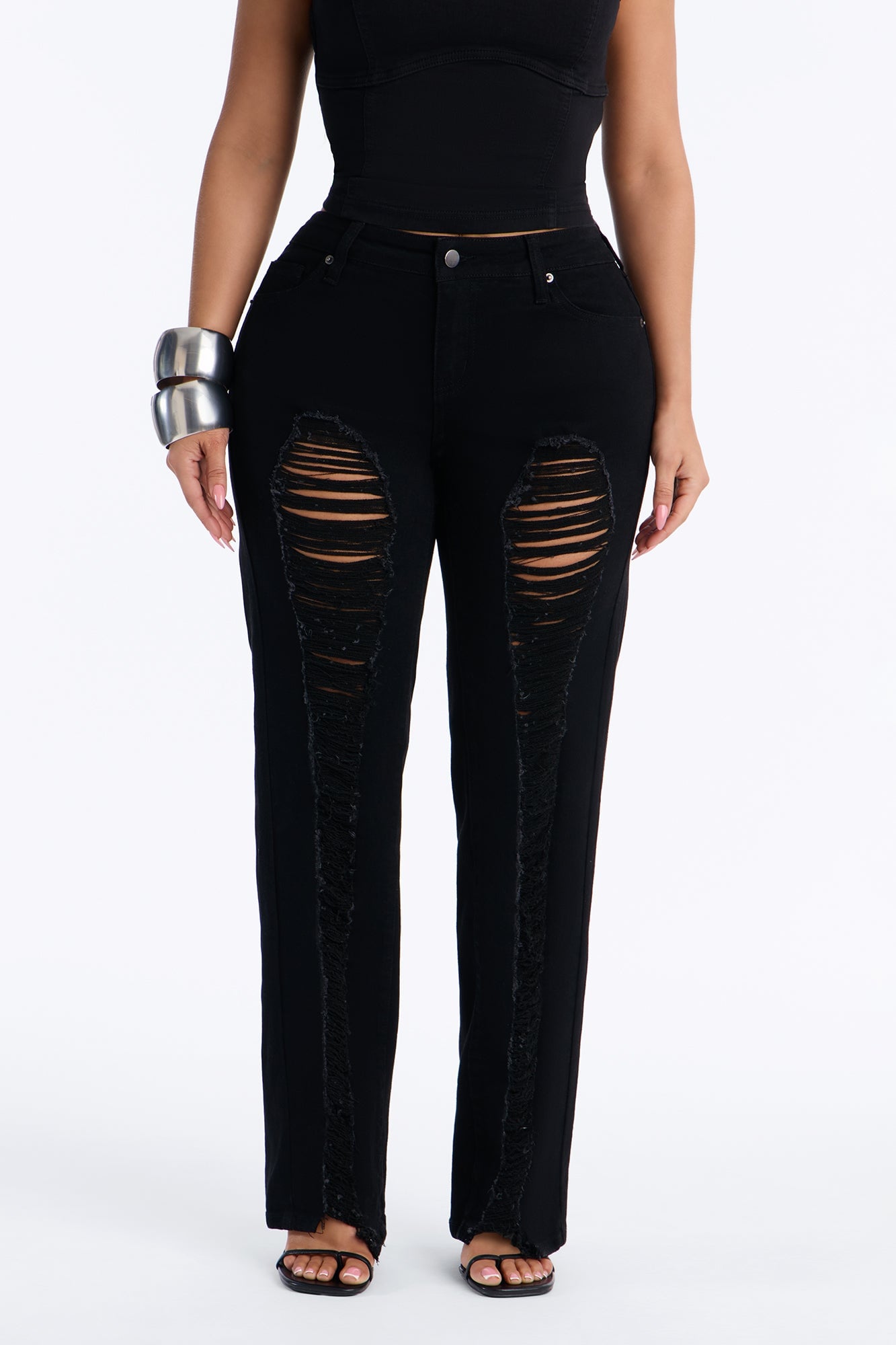 Hollywood Ripped Low Waist Straight Leg Jeans - Black image 5