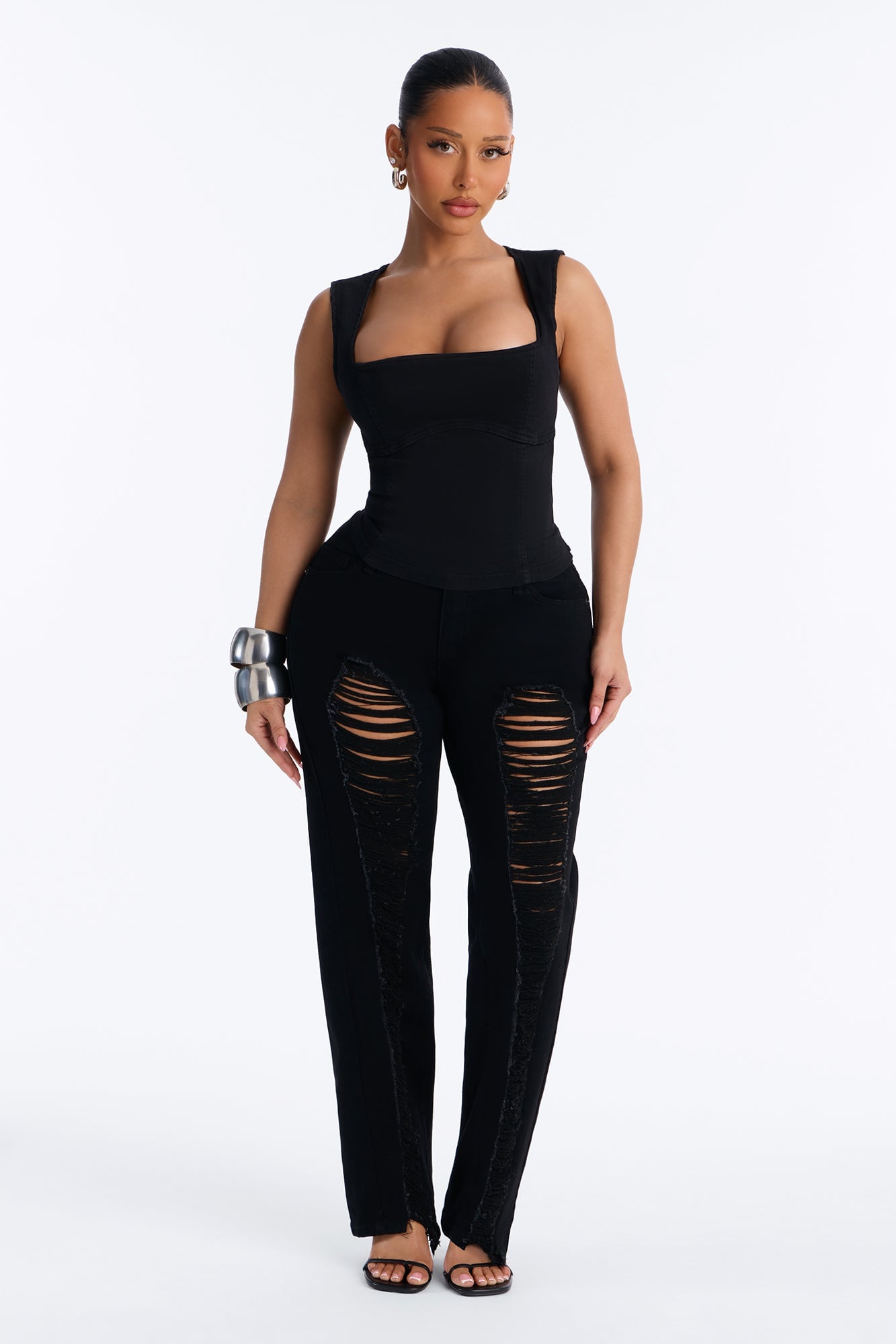 Hollywood Ripped Low Waist Straight Leg Jeans - Black image 6