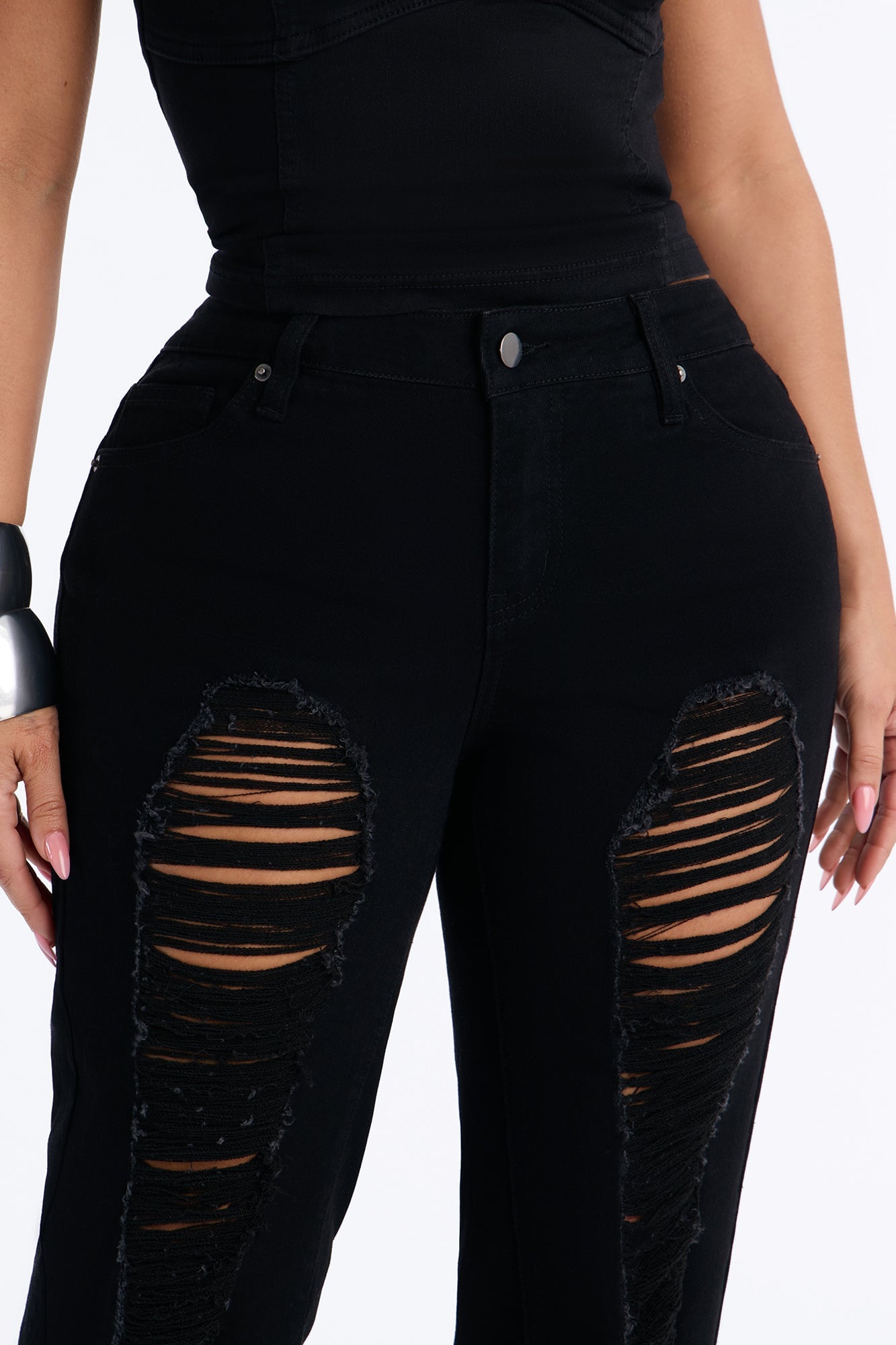 Hollywood Ripped Low Waist Straight Leg Jeans - Black image 8
