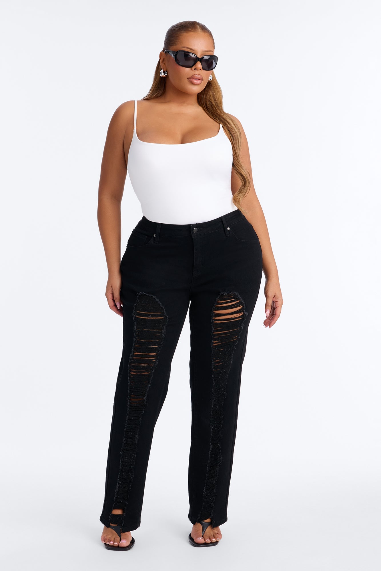 Hollywood Ripped Low Waist Straight Leg Jeans - Black image 1