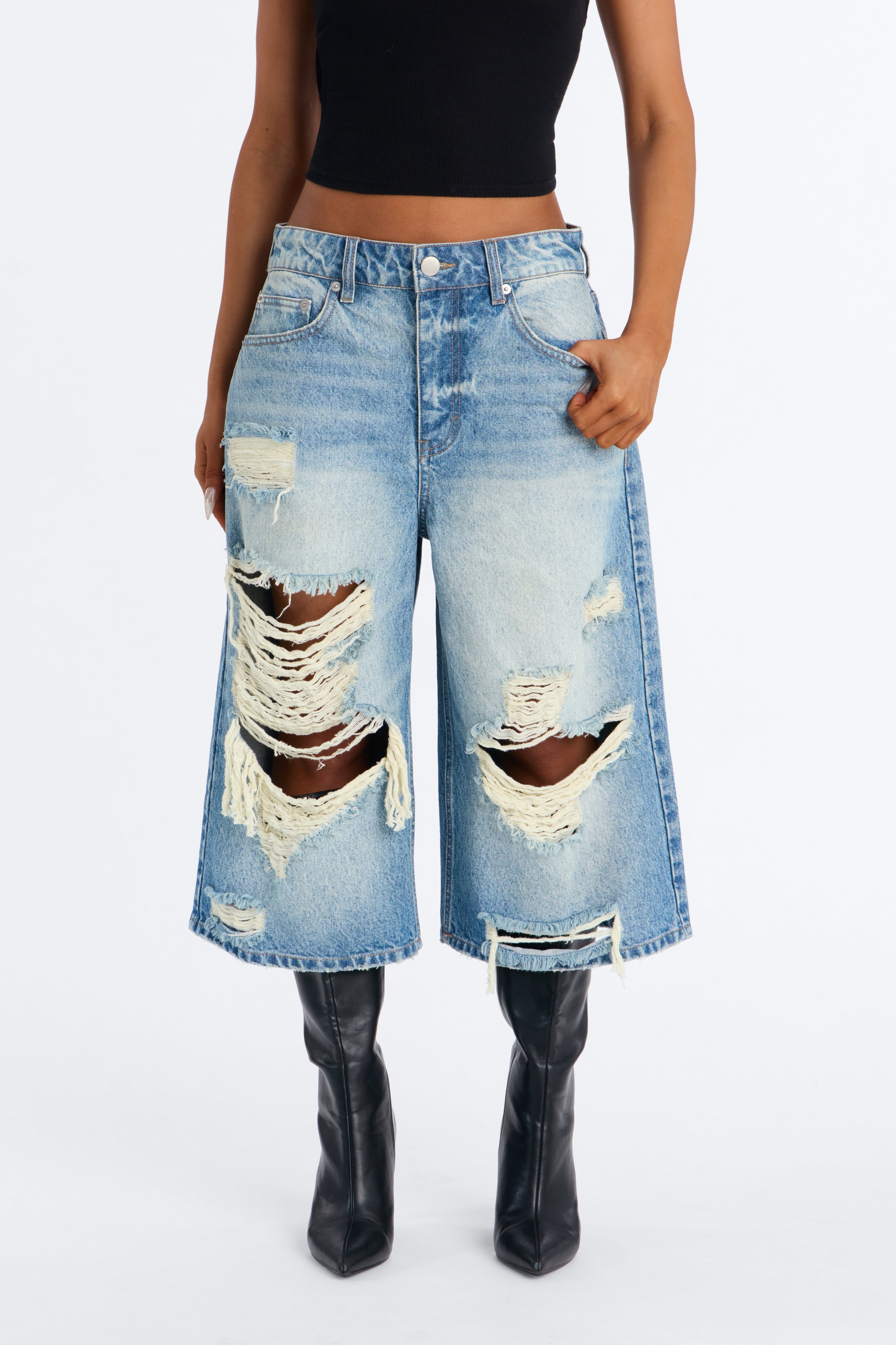 Mott St. Ripped Culotte Jeans - Vintage Wash image 1